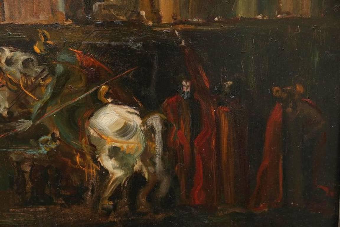 Luis Szepesi, firma abajo a la izquierda. Dimensiones: 32 x 38 pulgadas óleo sobre tela. Ejecutado en estilo expresionista, representa el ciclo vital de Cristo. La inusual composición del tema hace que esta obra de arte sea excepcionalmente única.