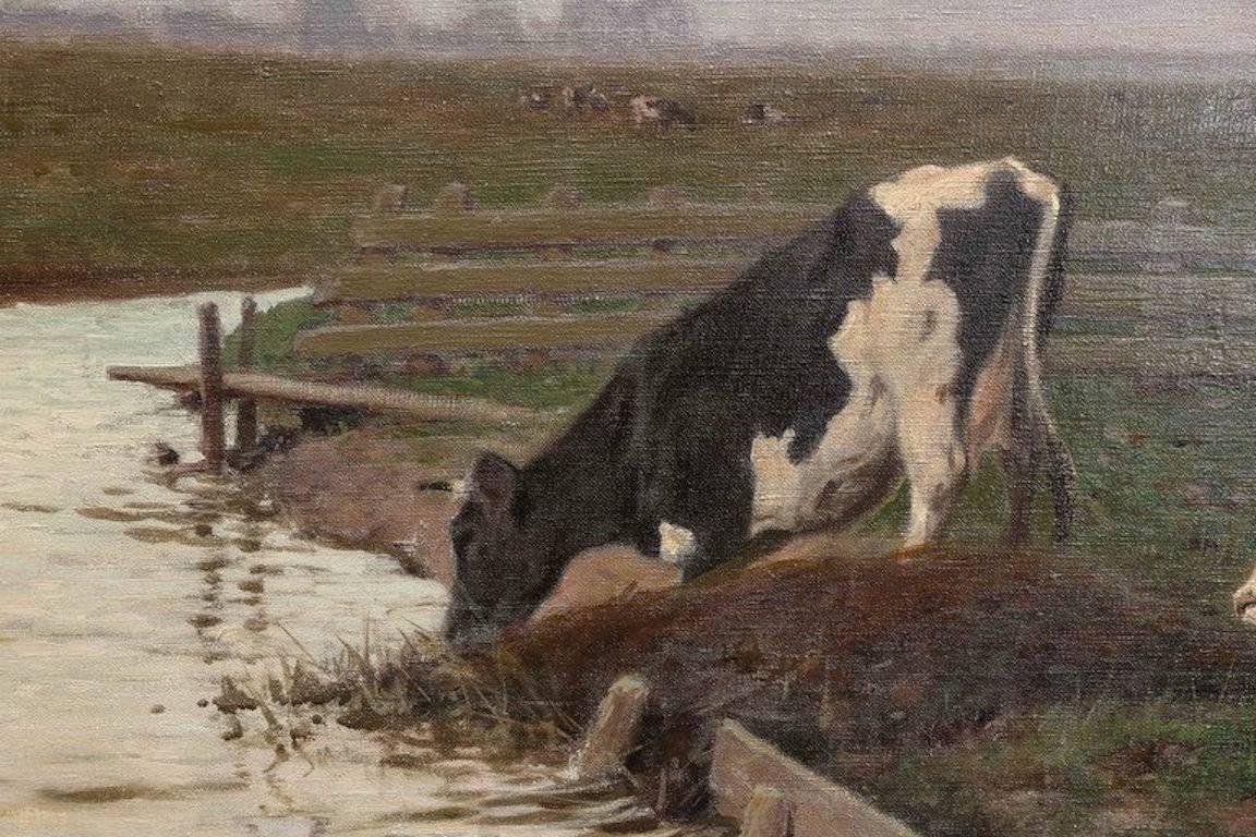 Drinking Cow - Brown Animal Painting by Arthur Heyer