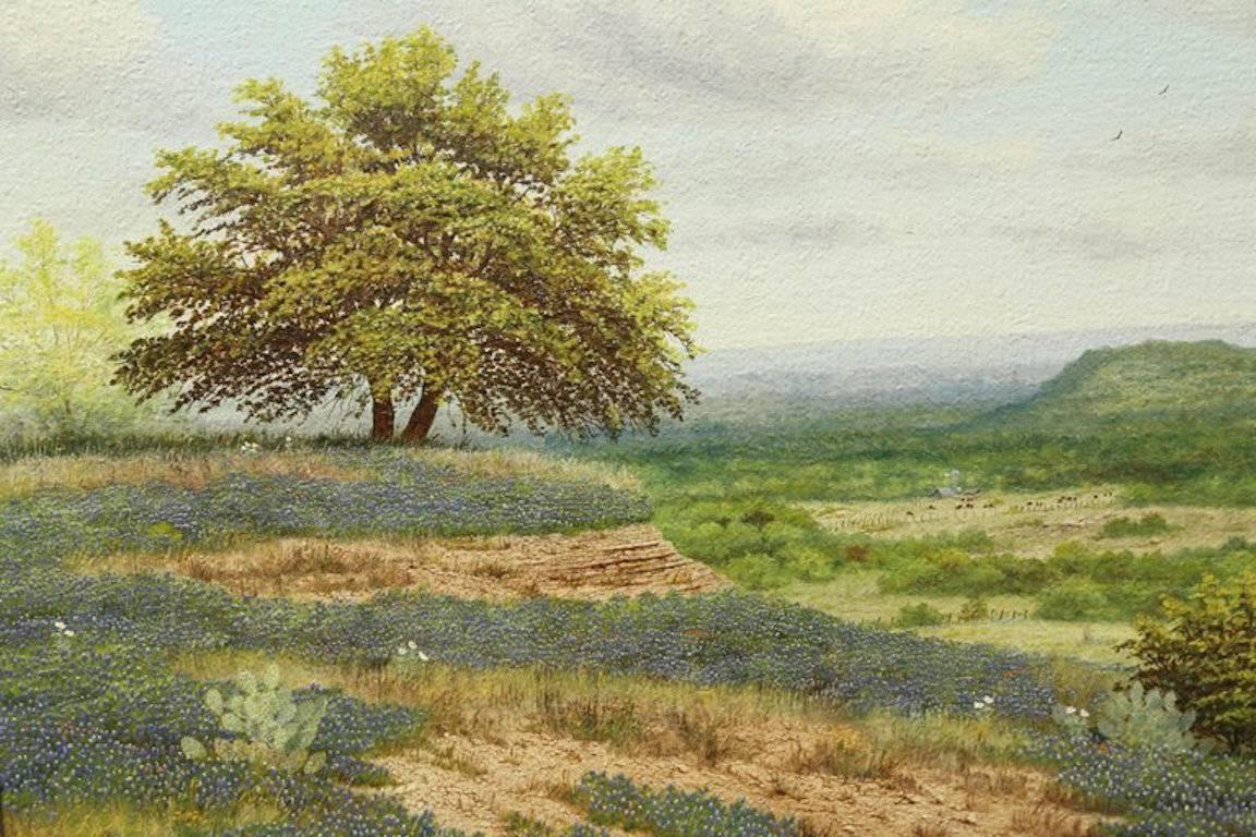 Landscape with Bluebonnets - Painting by Manuel Garza
