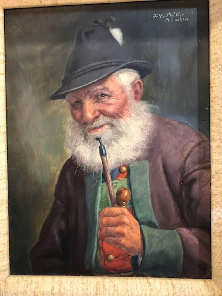 Elderly Man with a Pipe - Painting by Fritz Muller