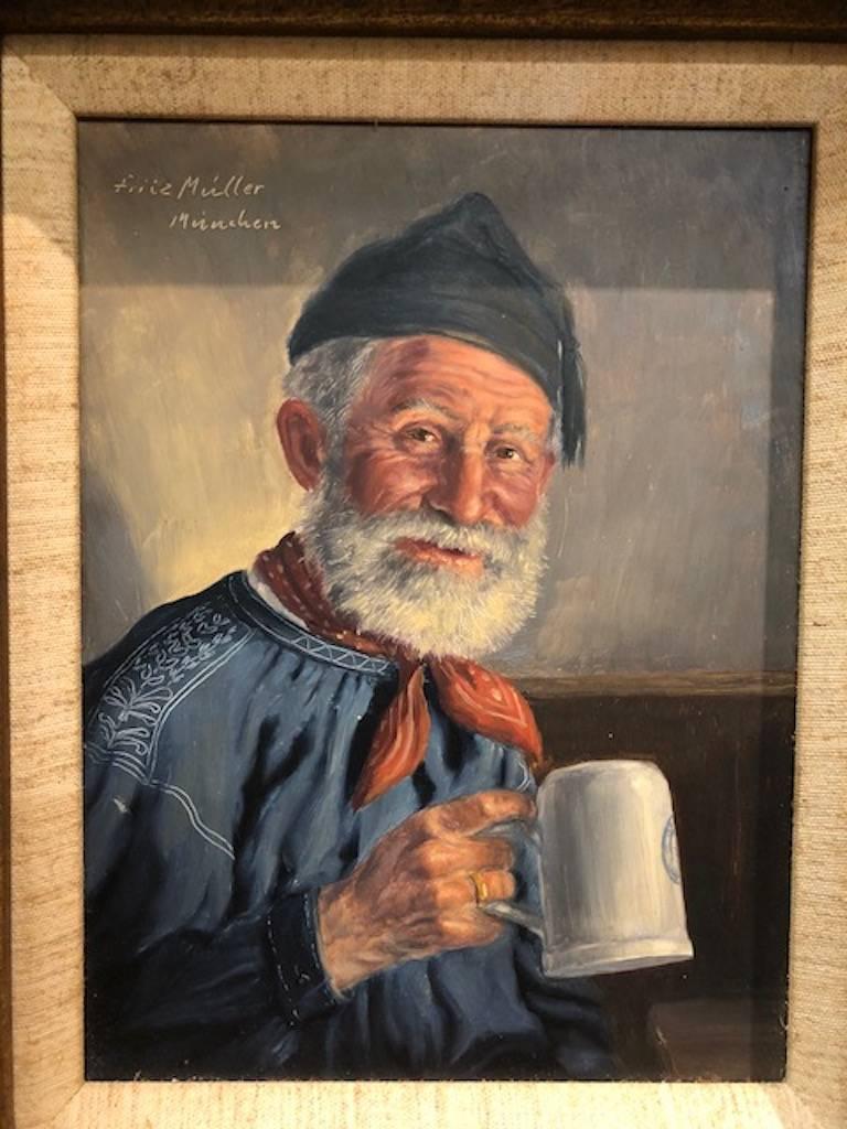 Elderly Man with a Cup - Painting by Fritz Muller