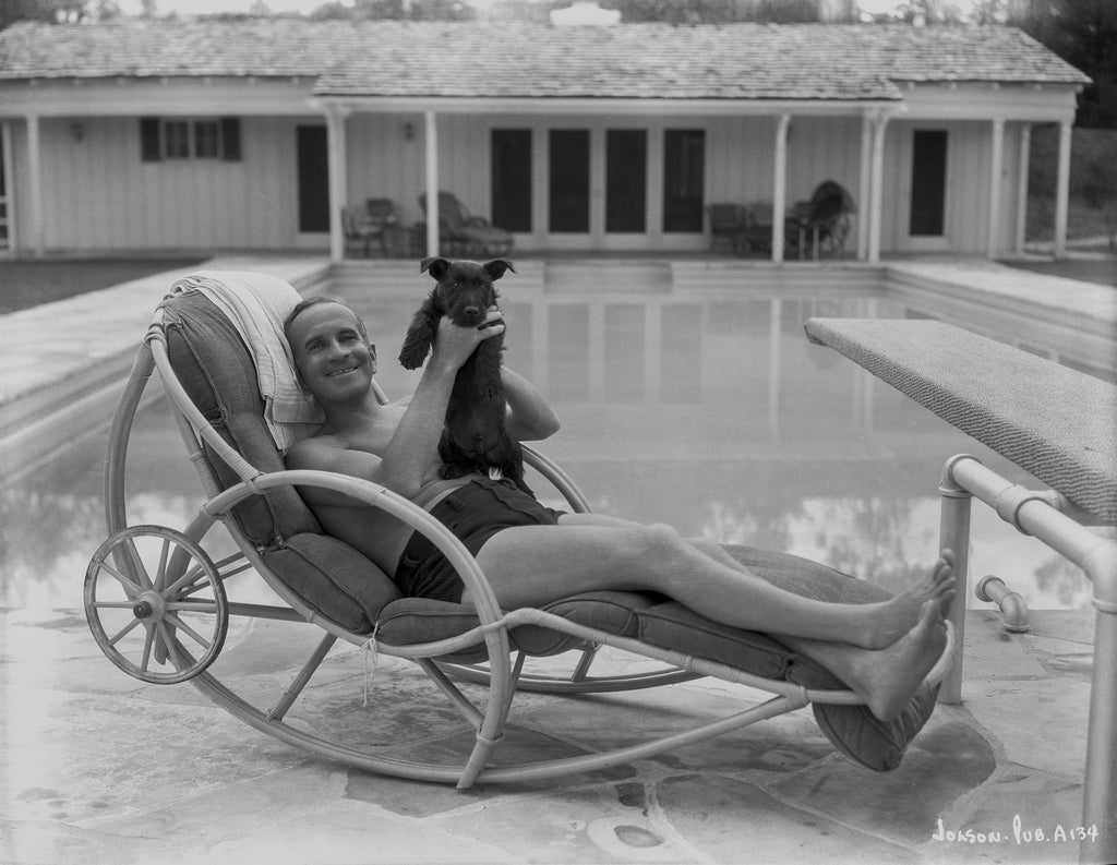 Unknown Black and White Photograph - Al Jolson with Puppy Poolside Fine Art Print