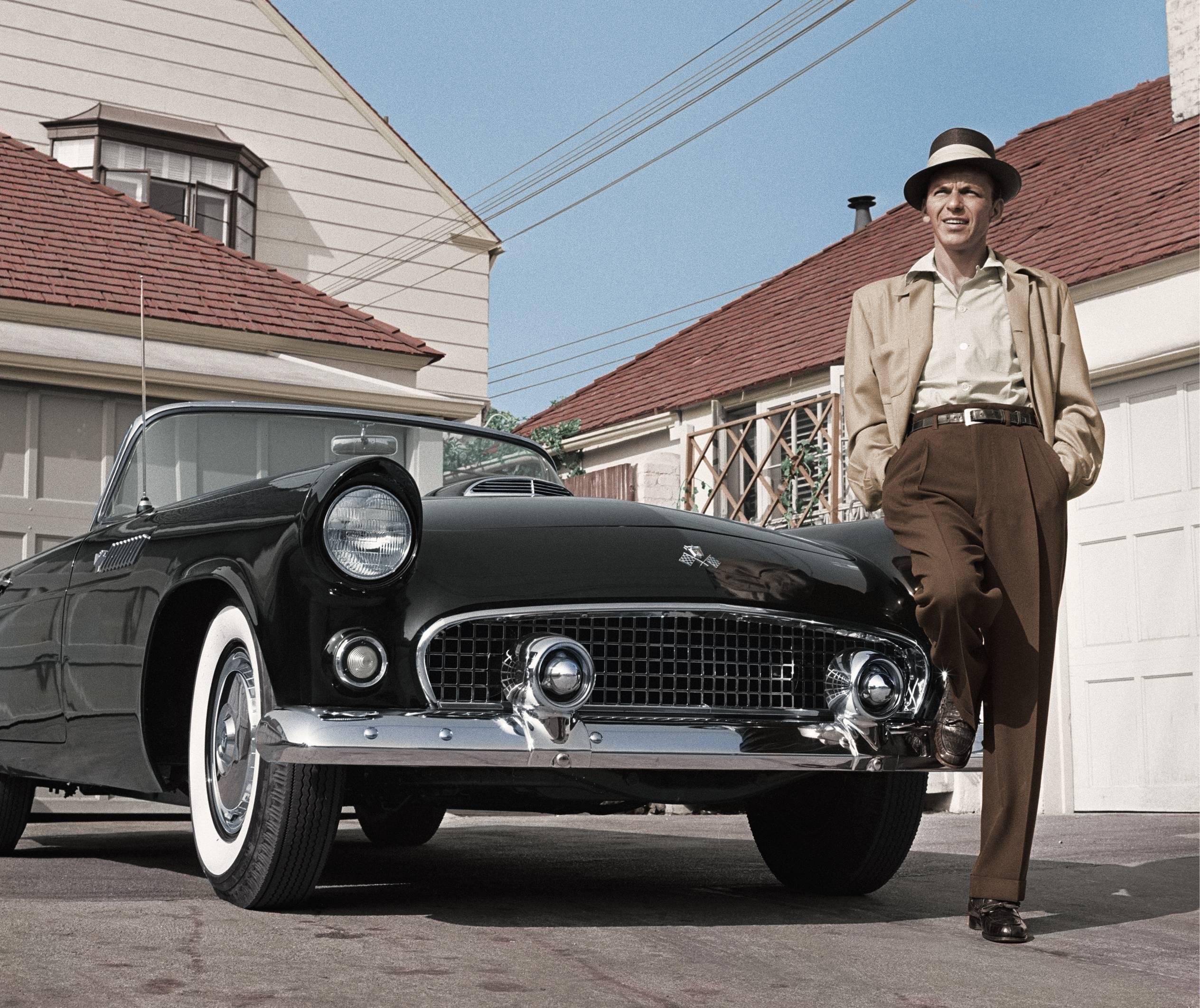 Frank Worth Color Photograph - Frank Sinatra Standing Next To T-Bird - Colorized Fine Art Print