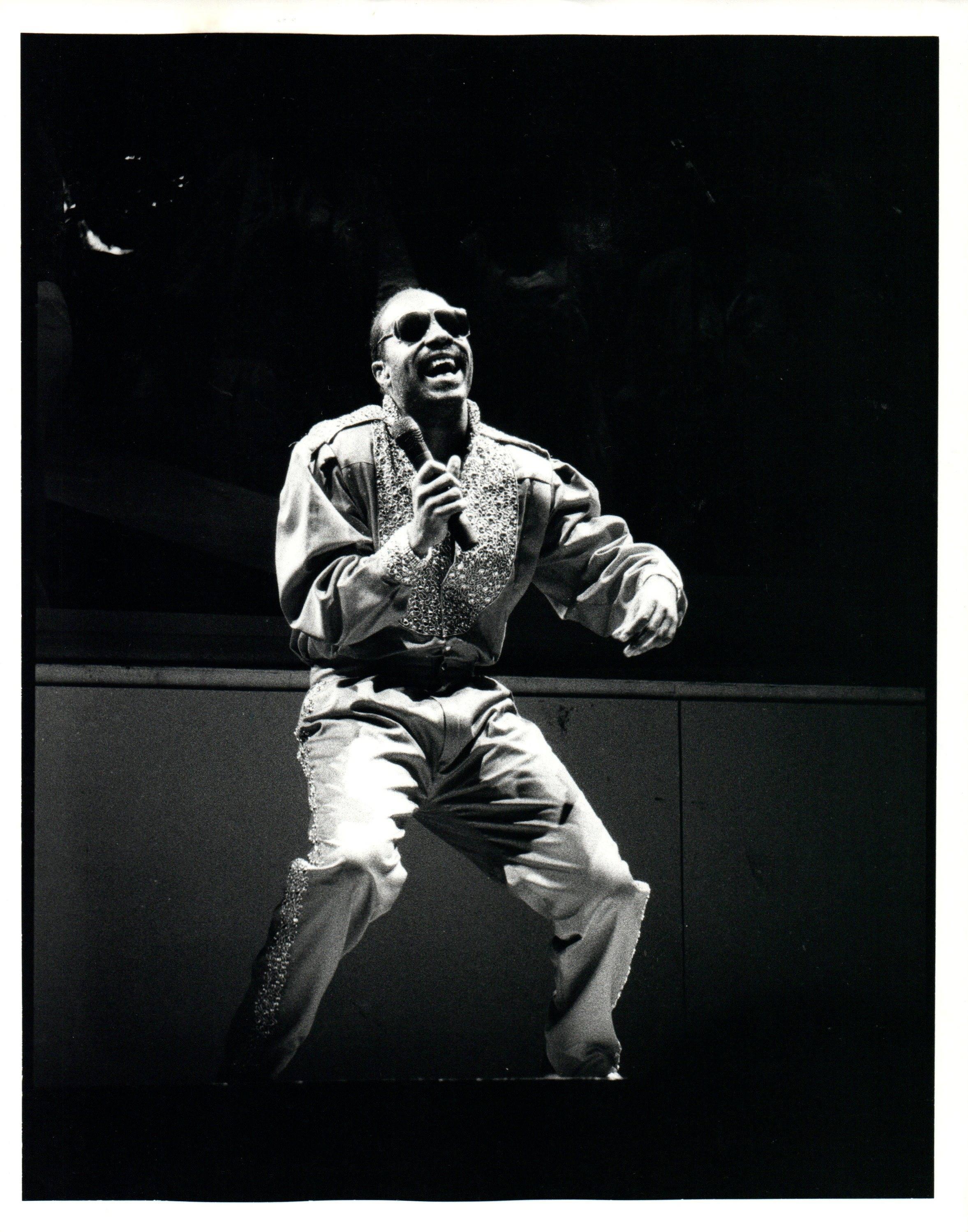 David Corio Black and White Photograph - Stevie Wonder Smiling on Stage Vintage Original Photograph