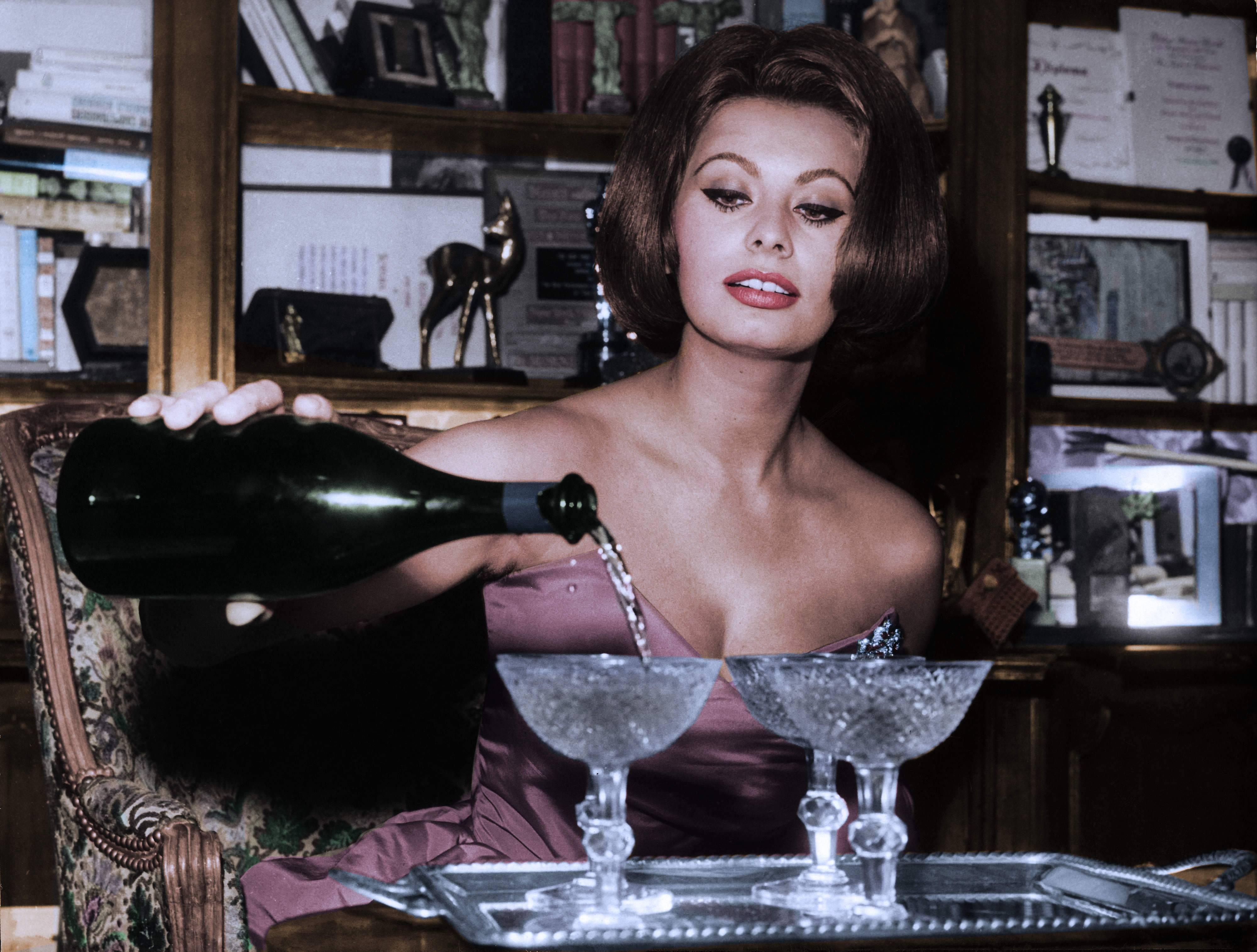 Unknown Color Photograph - Sophia Loren Pouring Champagne, Colorized Fine Art Print