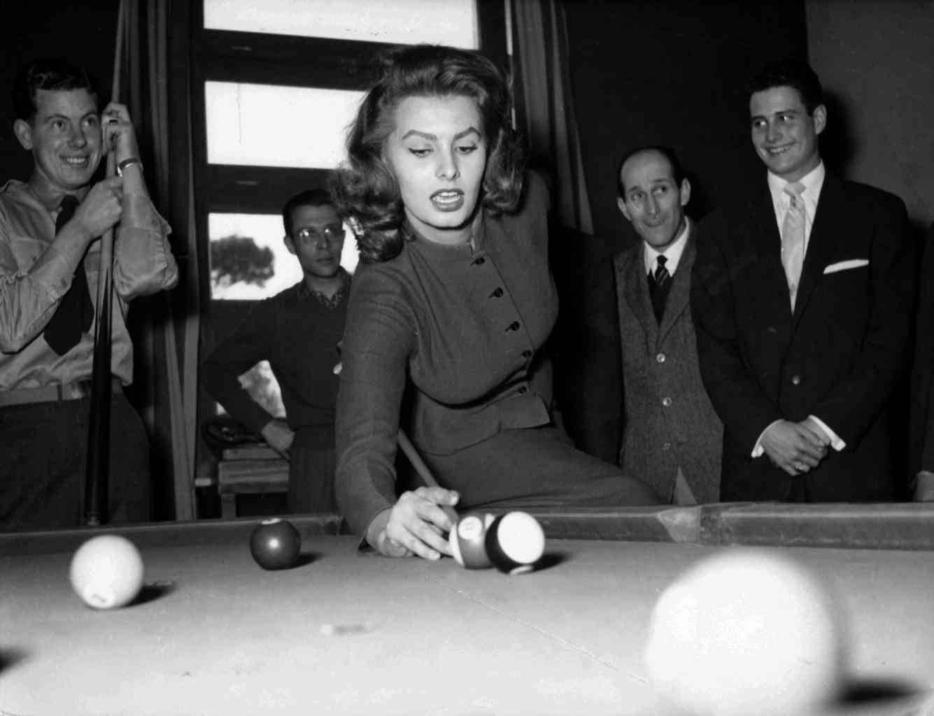 Unknown Black and White Photograph - Sophia Loren Shooting Pool Fine Art Print