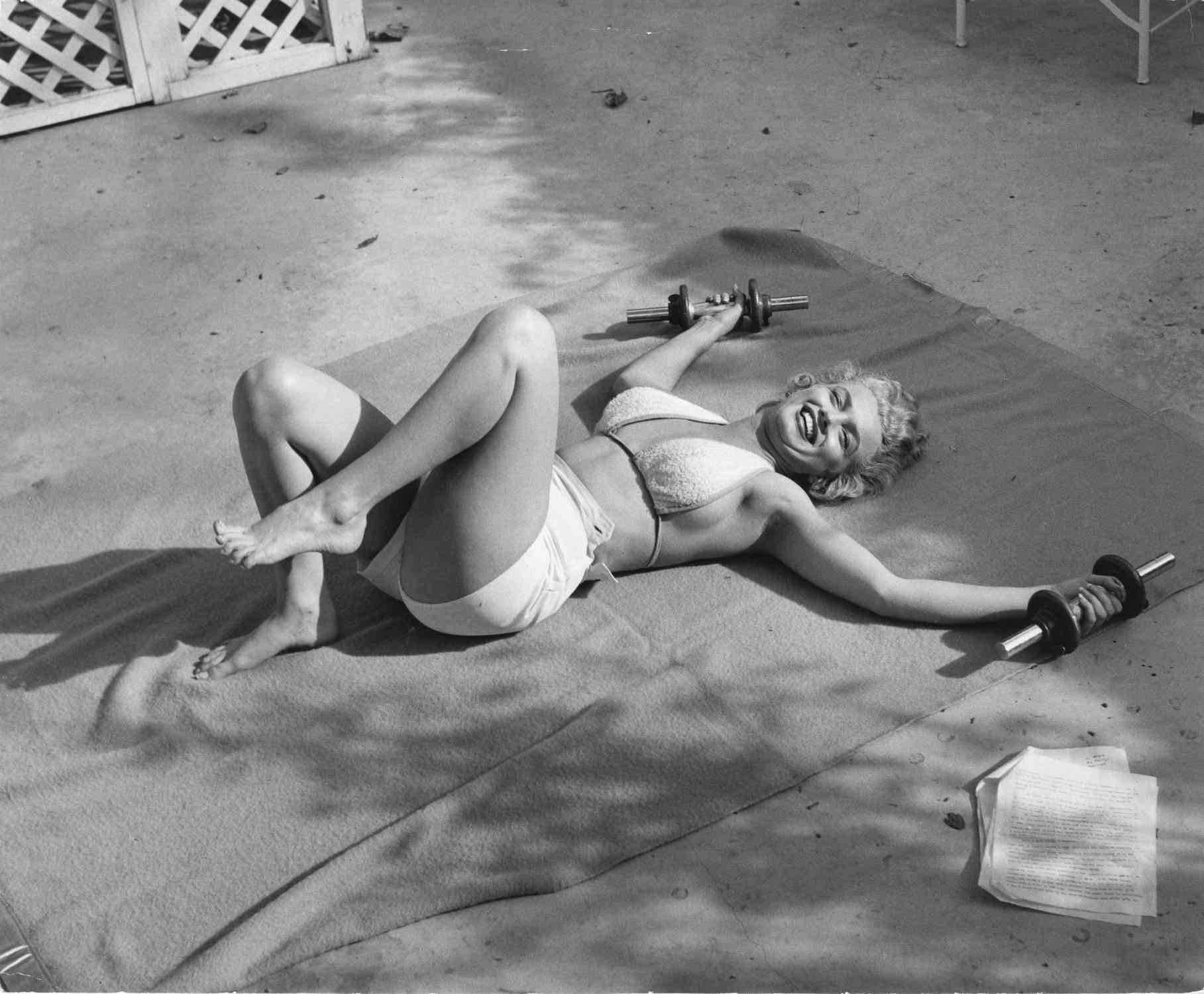Andre de Dienes Black and White Photograph - Marilyn Monroe with weights, 1953 Oversized Vintage Print