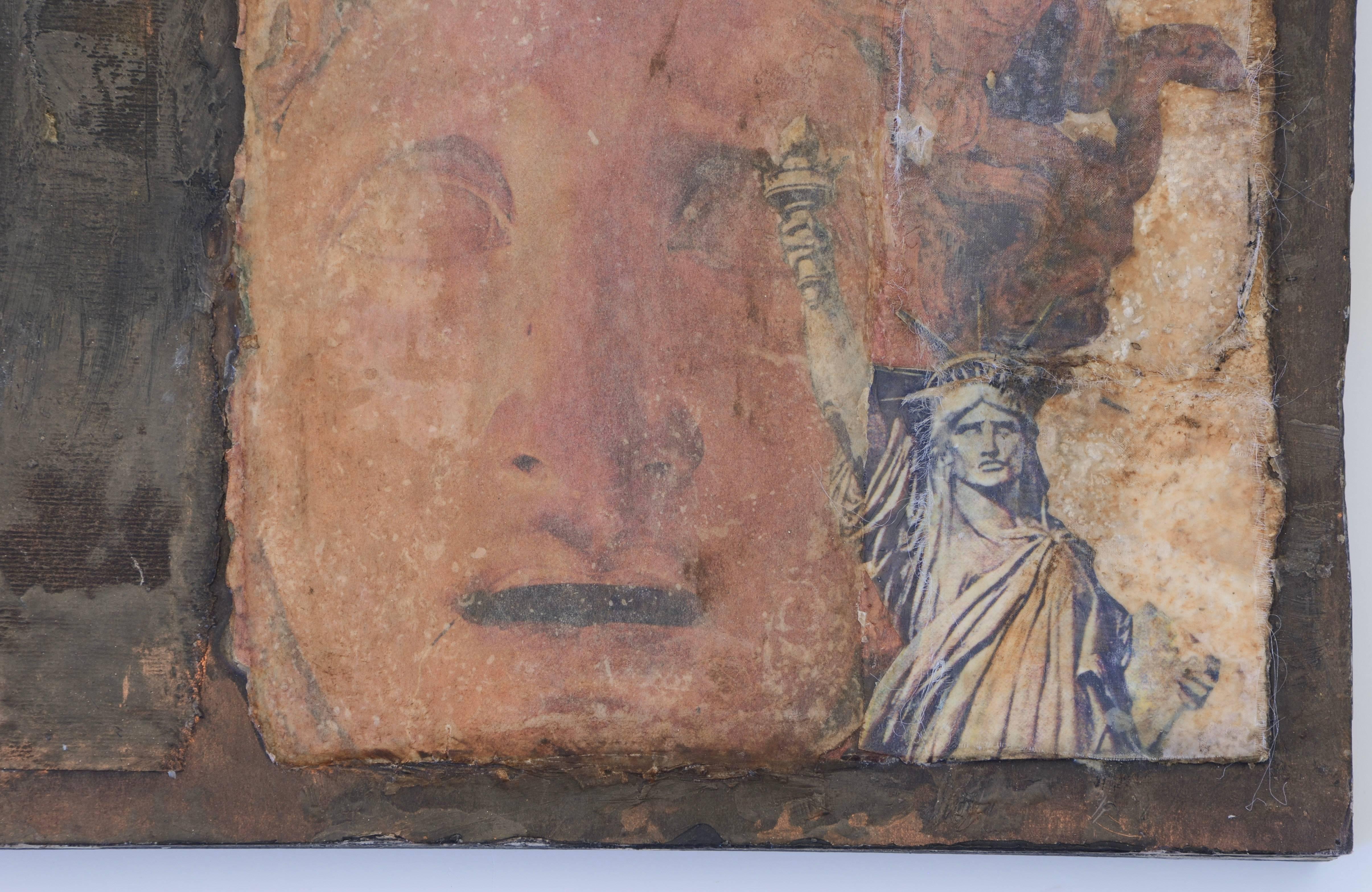 Dorothy Simpson Krause’ “Liberty” is a 12 x 12 inch mixed media collage with encaustic on textured panel.  An image of an ancient Greek bust in warm terra cotta tones creates a background for the smaller, unmistakable verdigris image of the Statue