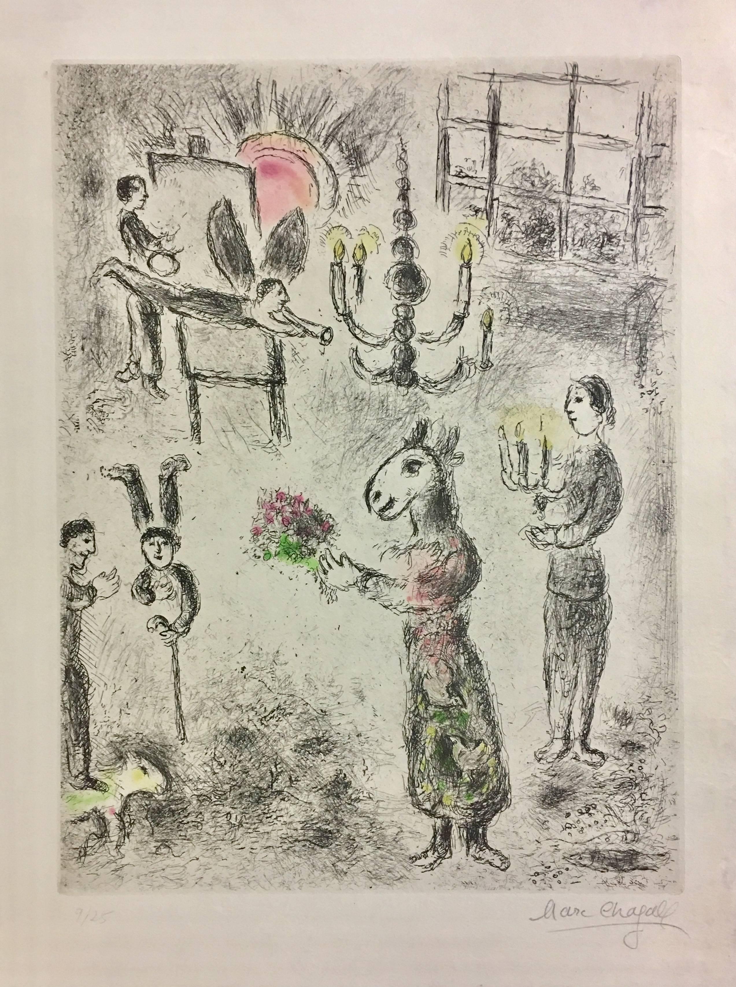 This piece is an original color etching and aquatint by Marc Chagall.  It is from the series of 26 pieces entitled "Celui Qui Dit les Choses sans Rien Dire", which was created in 1975-76. 
This piece is hand signed and numbered 9/25 from the edition