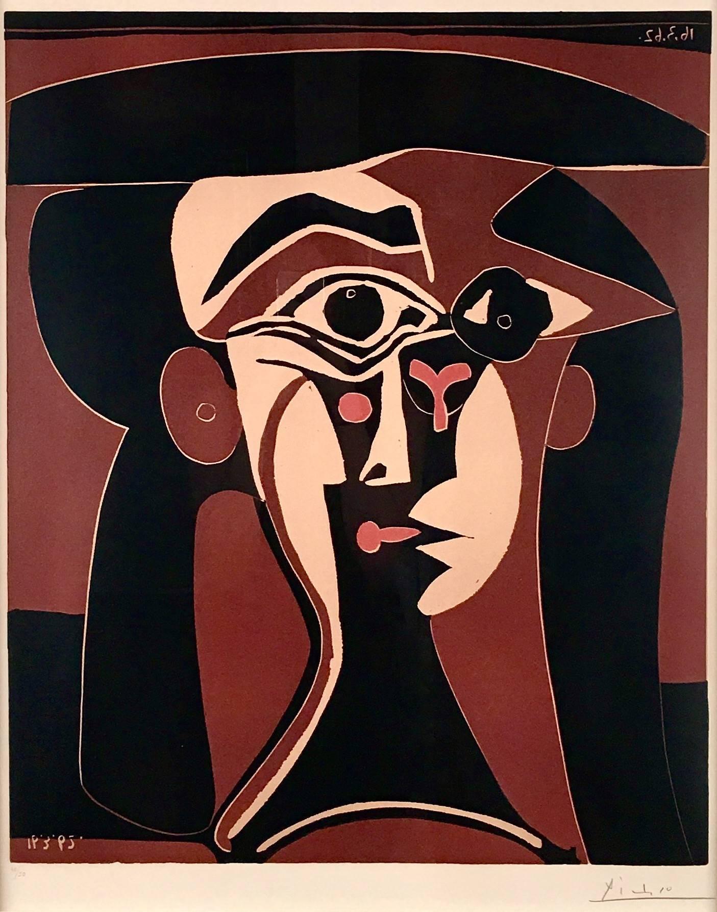 Pablo Picasso, Tête de Femme, original linoleum cut 