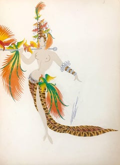 Erté, "Deuxième porteuse d'oiseaux", gouache unica, firmata a mano
