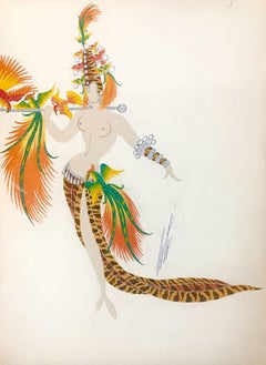 Retro Erté, "Deuxième porteuse d'oiseaux", unique gouache, hand signed