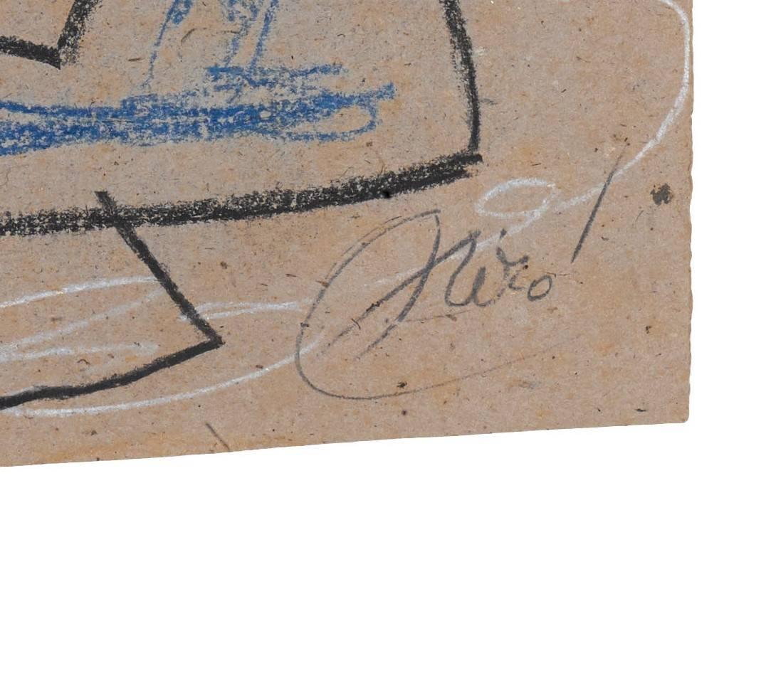 This unique piece is an original crayon and pastel drawing by Joan Miro done in 1977.  It is hand signed in the bottom right corner.  The sheet measures 25 x 14.6 inches and the framed dimensions are 40 x 29 inches. This piece is accompanied by a