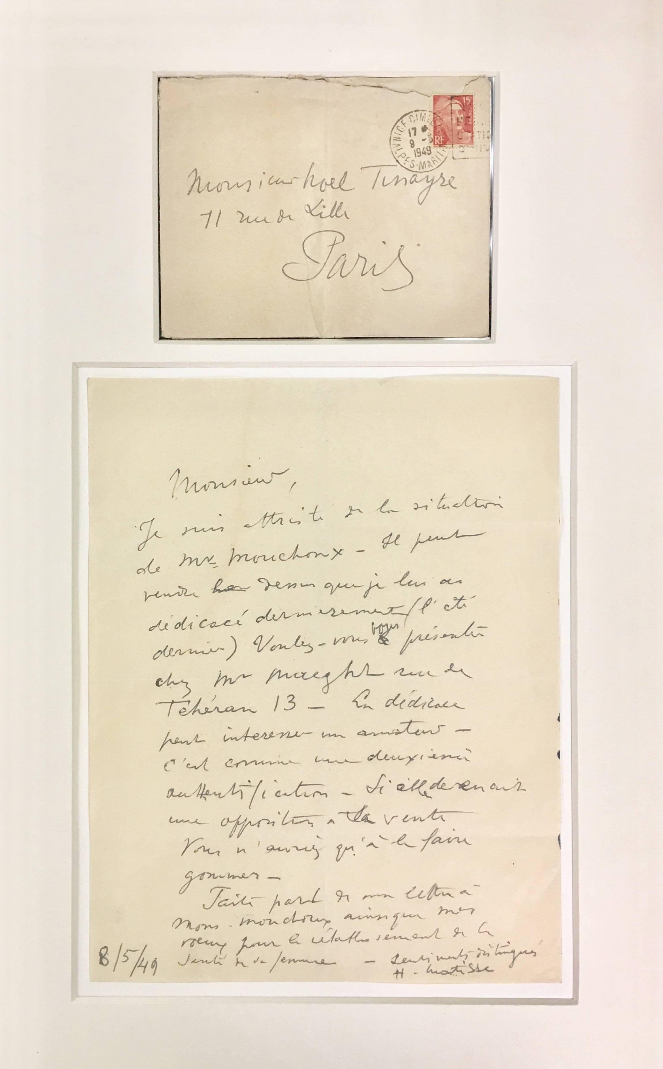 This piece is a unique, original pencil drawing on paper by Henri Matisse, created in 1916. It is hand signed, dated, and also bears a hand-written message from Matisse that reads 