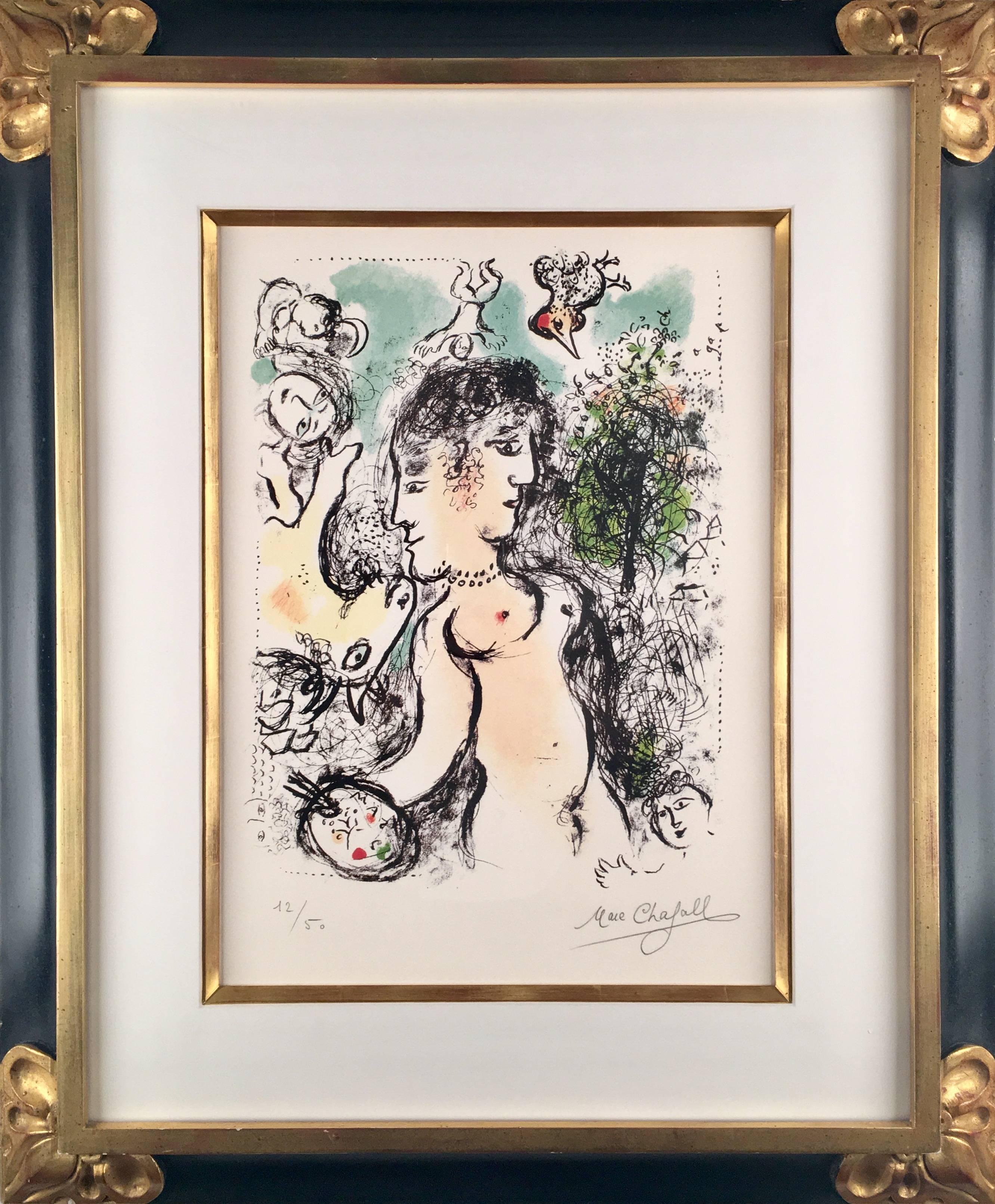 This piece is an original lithograph by Marc Chagall, created in November of 1983.  It is hand signed and numbered from the edition of 50 on Arches wove paper, plus 12 black artist proofs, numbered and signed.  The paper measures 26 x 19 inches, the