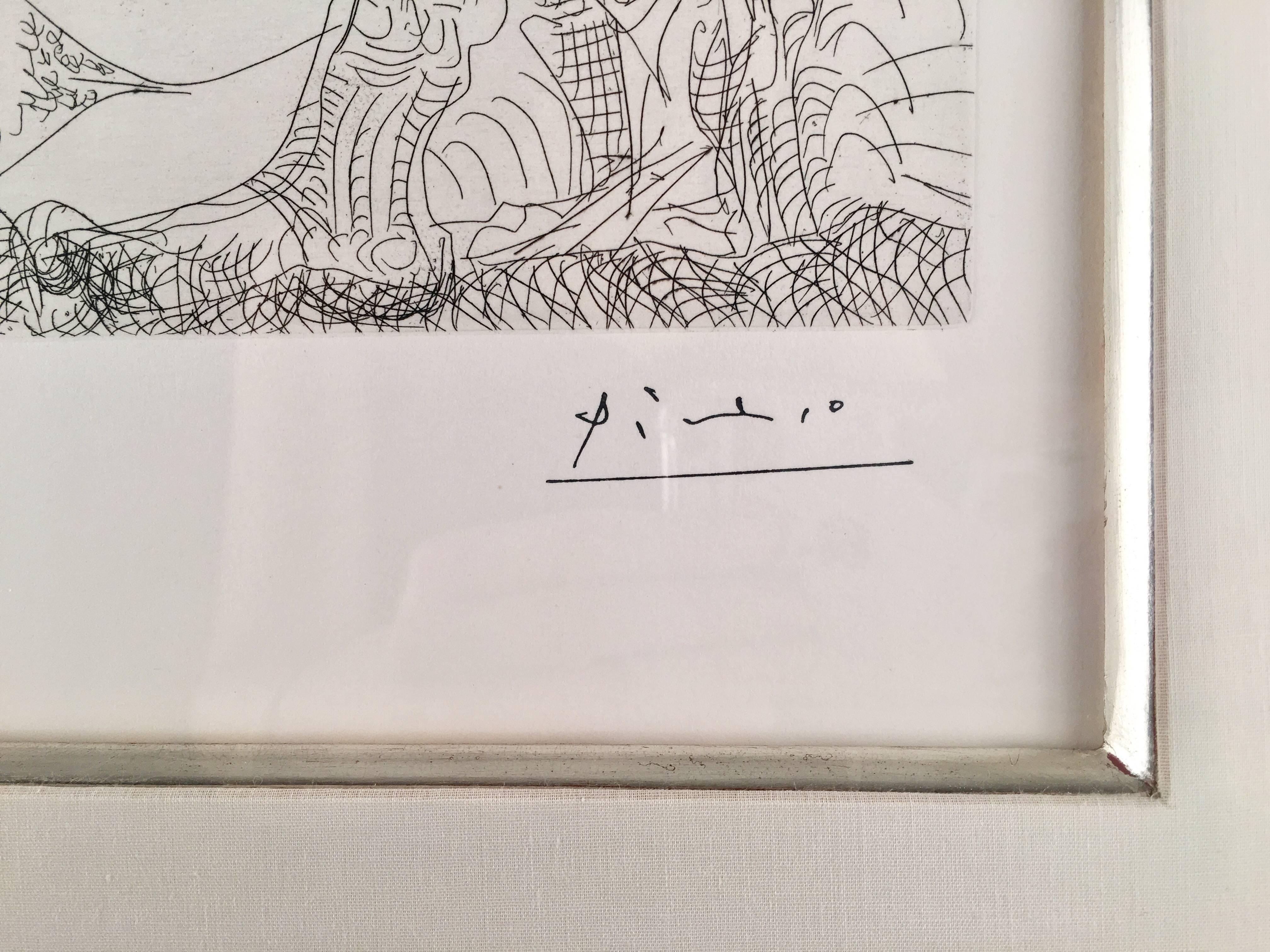 An original etching created by Pablo Picasso in 1966 .  It is stamp signed and numbered from the edition of 50.  This piece measures 8.8 x 12.8 inches and the framed dimensions are 19.75 x 22 inches.  Referenced as number 1426 in 