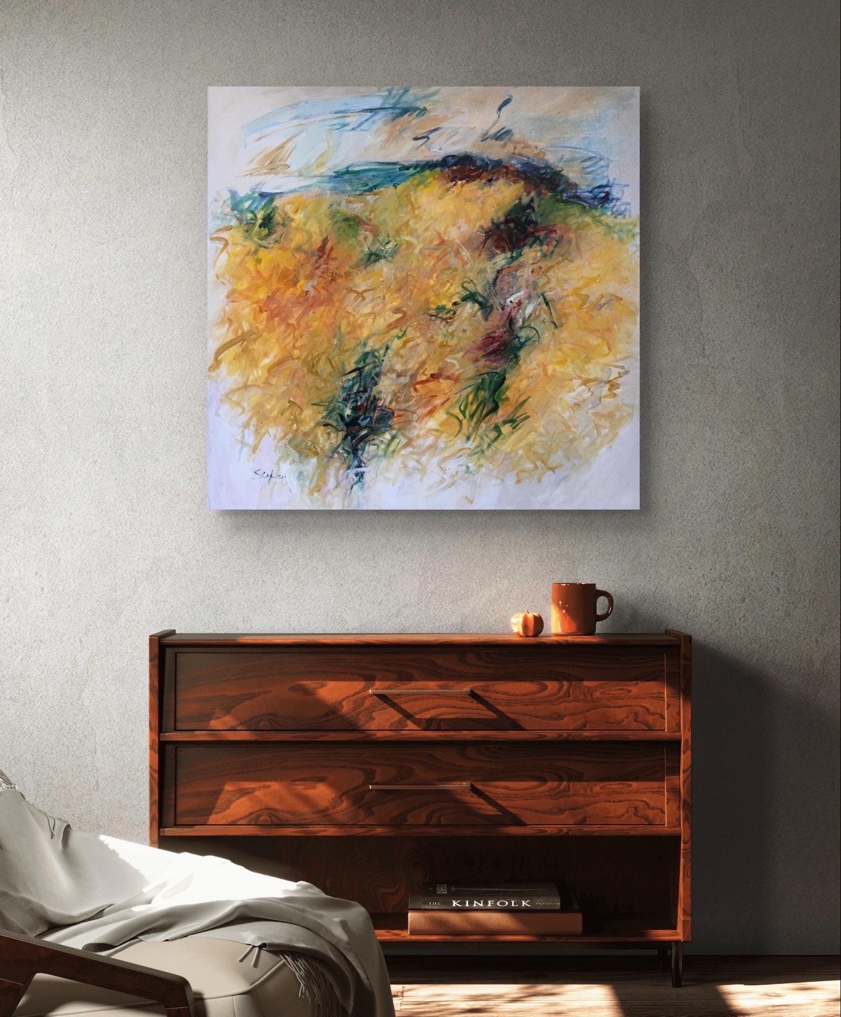 Pintura acrílica sobre lienzo titulada Frenesí en Amarillo - Painting de Mary Lou Siefker