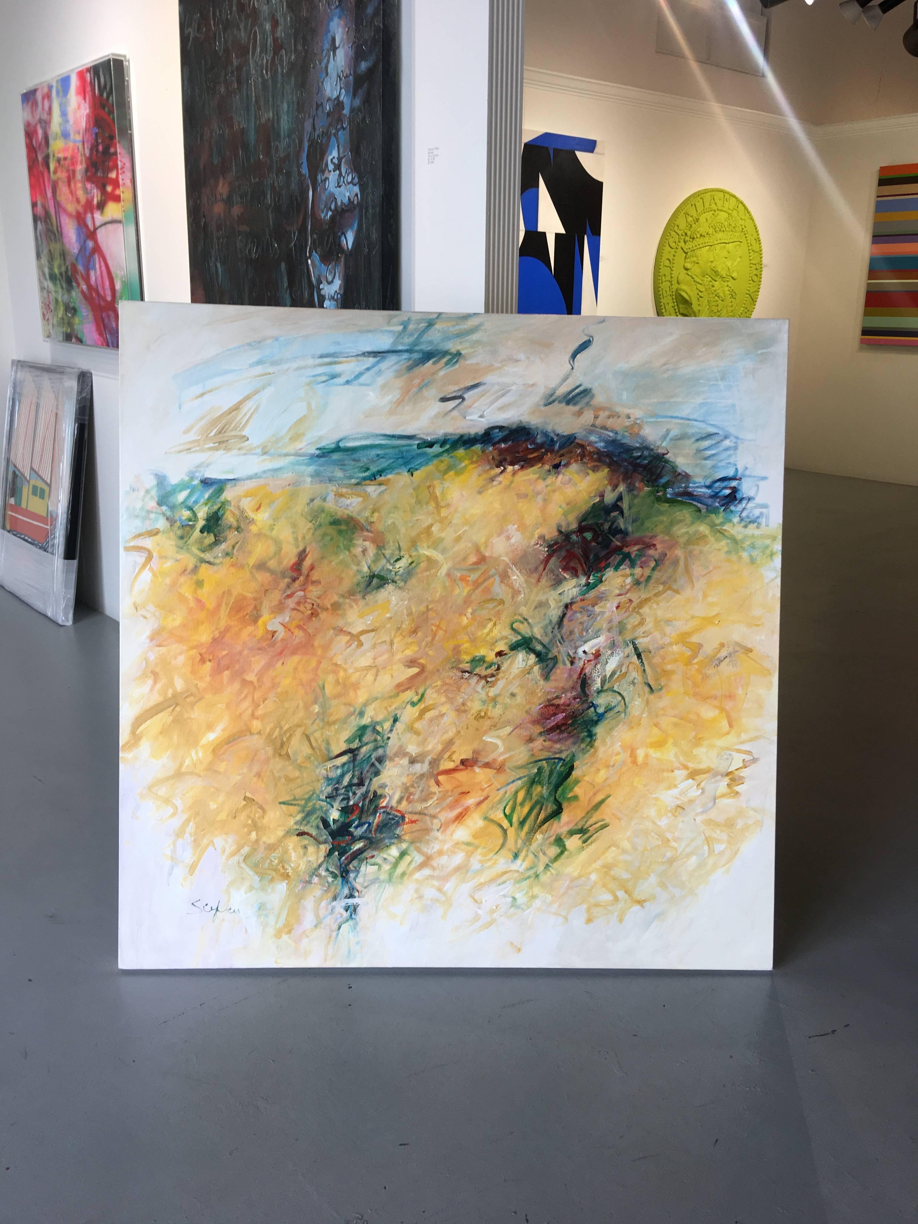 Vibrant mustard yellow painting with deep blue, green values flush with foreground. 

Mary Lou Siefker is 87 year old Broward County Artist that has been exhibiting her work since 1977. She has won numerous awards and fellowships. “Her canvases