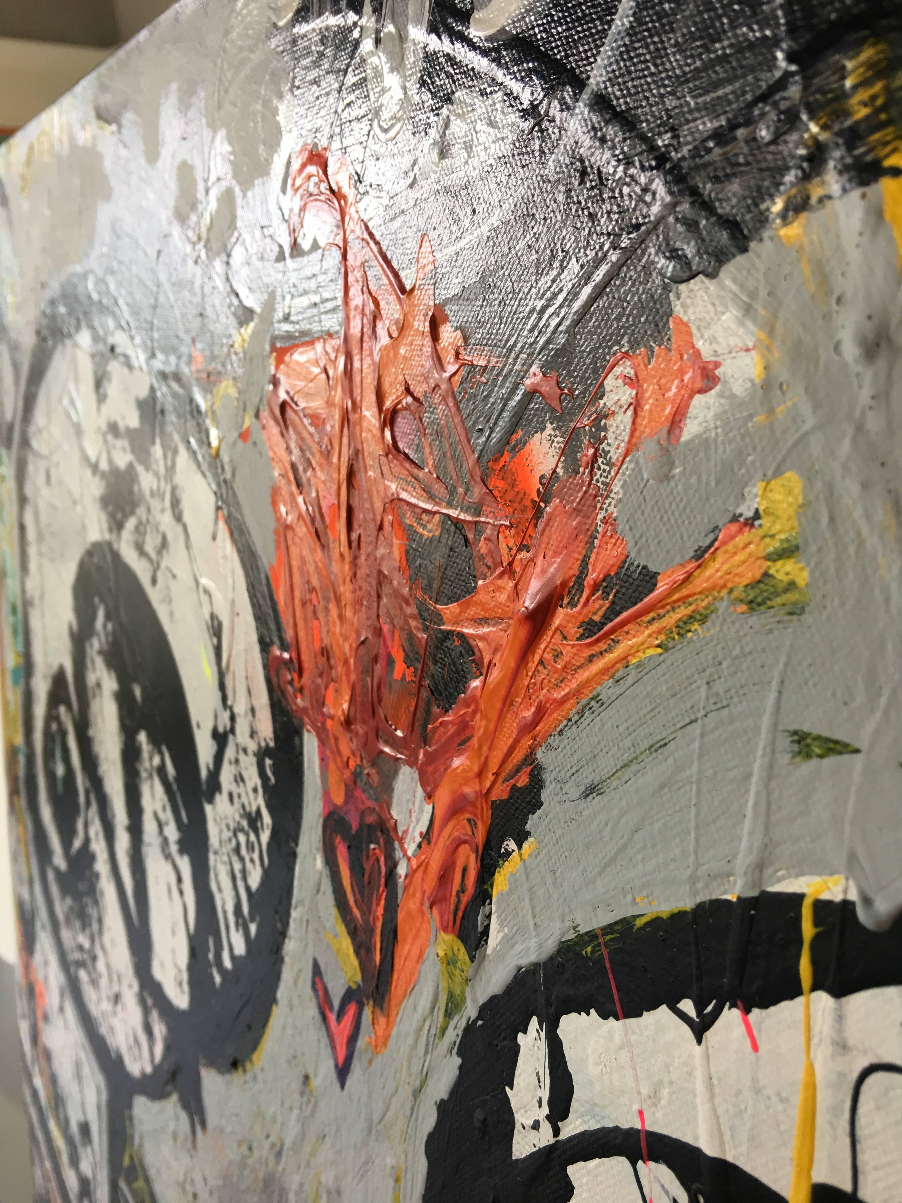 Acrylic Painting with black grey and flourescent orange

Artist living and working in Orlando Florida
University of Minnesota Fine Arts 1969
Aspen, Colorado School Printmaking 
Art Students League, New York City Printmaking 1970