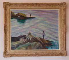 Fishing by the Sea - Mid 20th Century Impressionist Oil by William Henry Innes