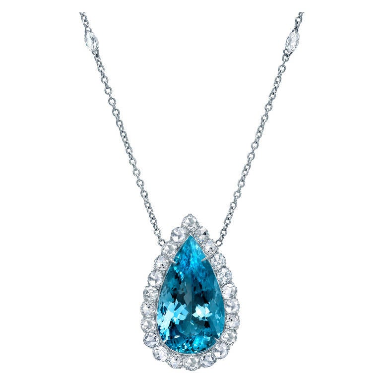 Tamir Vivid Blue Pear Shaped Aquamarine Diamond Platinum Necklace