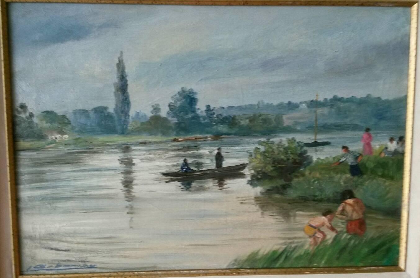 Charming French  1930's Post Impressionist landscape Oil on canvas painting in a Post Impressionist style signed  by Gaboriau representing a life scene by the Seine River banks ( written on the back : Seine et  Marne area)
In a excellent  general