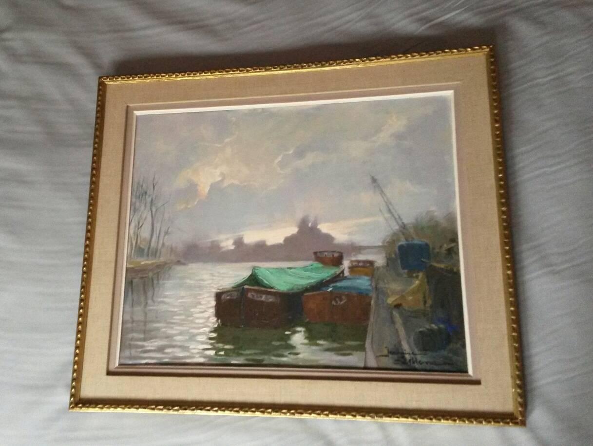 Beautiful Jeanine Leblanc oil on canvas representing  the Seine river banks with a view of the 
Levallois Port  with its boats, nearby Paris.

In a very good general condition with its original frame . France 1960's
Dimensions : 
With frame 75cm x