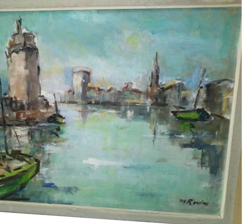 Beautiful Post Impressionist French Marina landscape, oil on canvas representing la Rochelle.
 
It is signed. probably Rossini .

In a very good general condition with its original  frame.

Dimensions : 
With frame 59,5 cm x 47 cm 
Without  frame 46