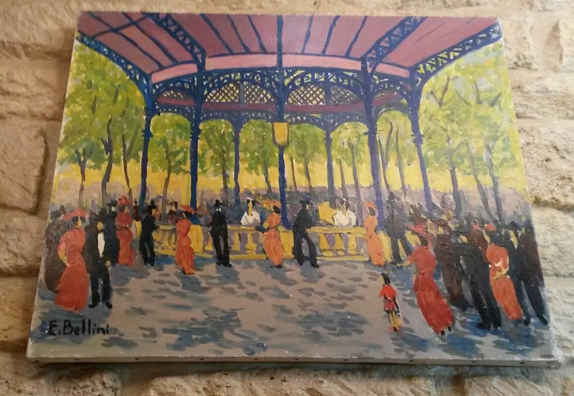 Vivid colours oil on canvas from the 60's by the famous French listed artist Emmanuel BELLINI ( 1904-1989 ), depicting the Belle epoque period and its  kiosk of the thermal natural springs at the VICHY Spa in the begining of the 20th century named