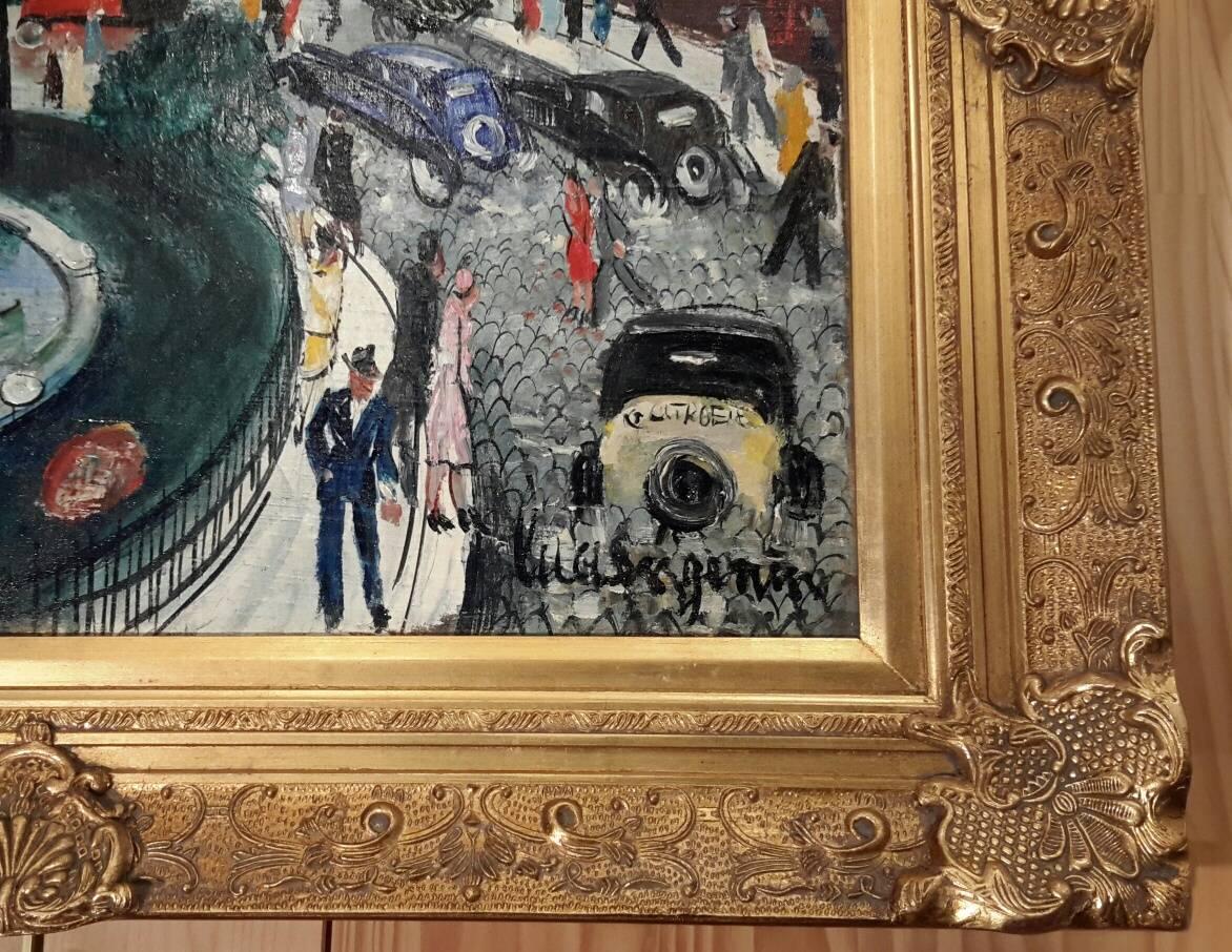 Beautiful and large oil on canvas post-impressionist style by the reputated artist Lucien Genin in the 30s representing the place du Palais Royal with the Comedie Francaise and his crowd one evening of representation.
the artist perfectly captured