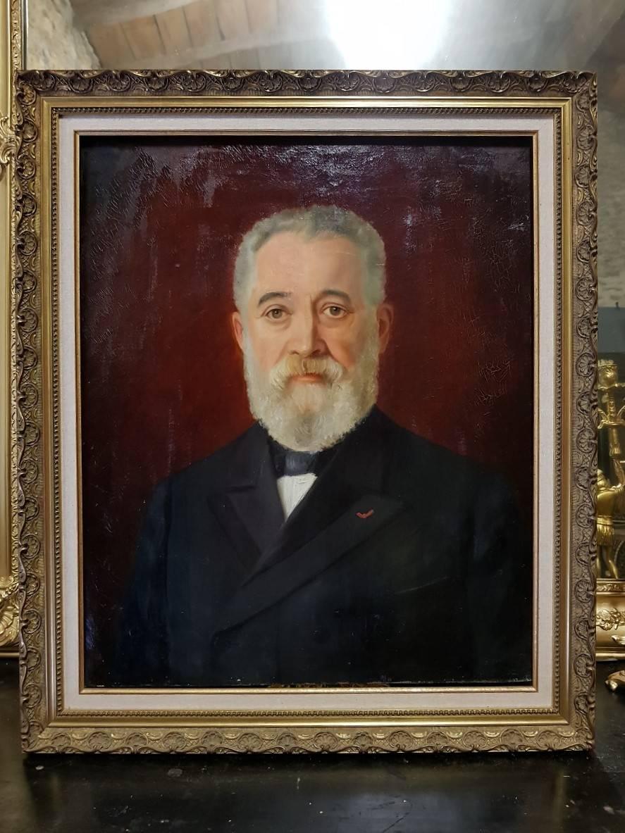 19th Cent Academic French School Portrait of a French Man of Distinction - Black Portrait Painting by Unknown