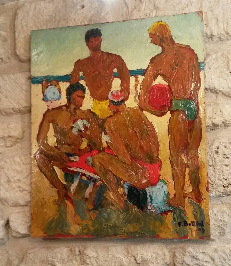Joueurs de carte à la plage, Men playing cards on the beach on the French Riviera.
Beautiful oil on cardboard from the late 40's by the famous French listed artist Emmanuel BELLINI, 1904 -1989 depicting a scene in summer with men playing cards on a