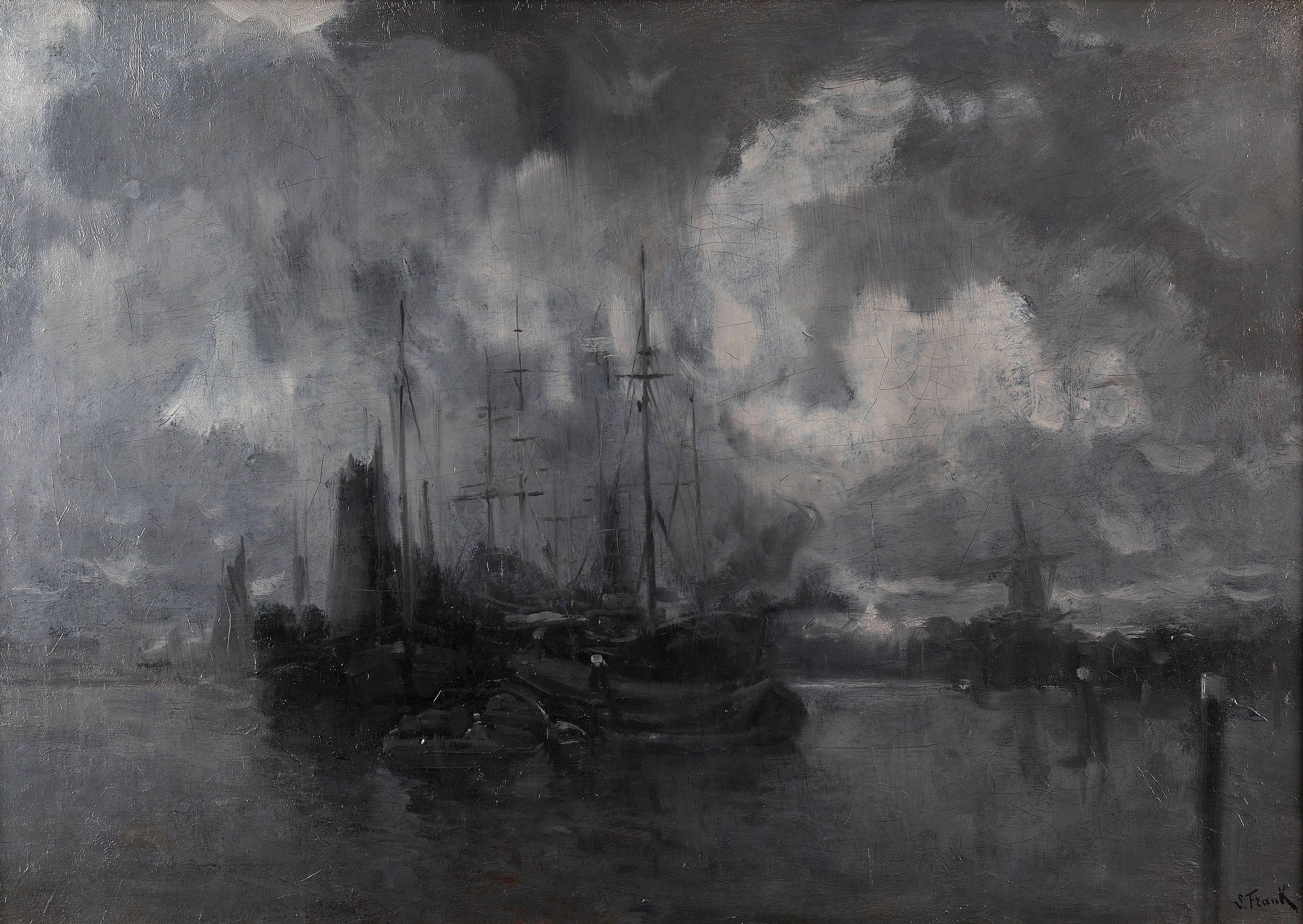 Lucien Frank Landscape Painting – Der Hafen von Dordrecht bei Nacht