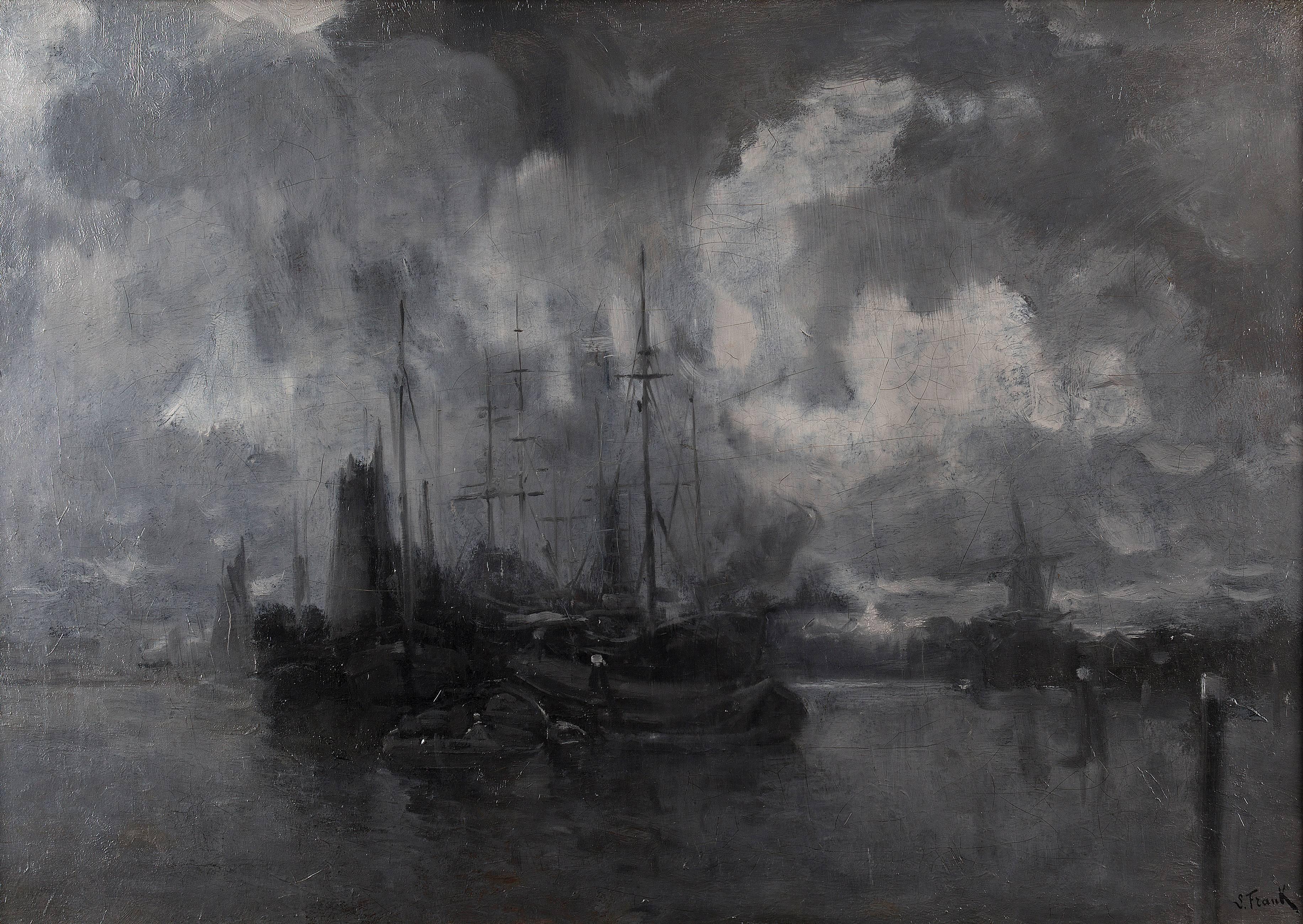 Lucien Frank Landscape Painting - The Dordrecht harbour at night