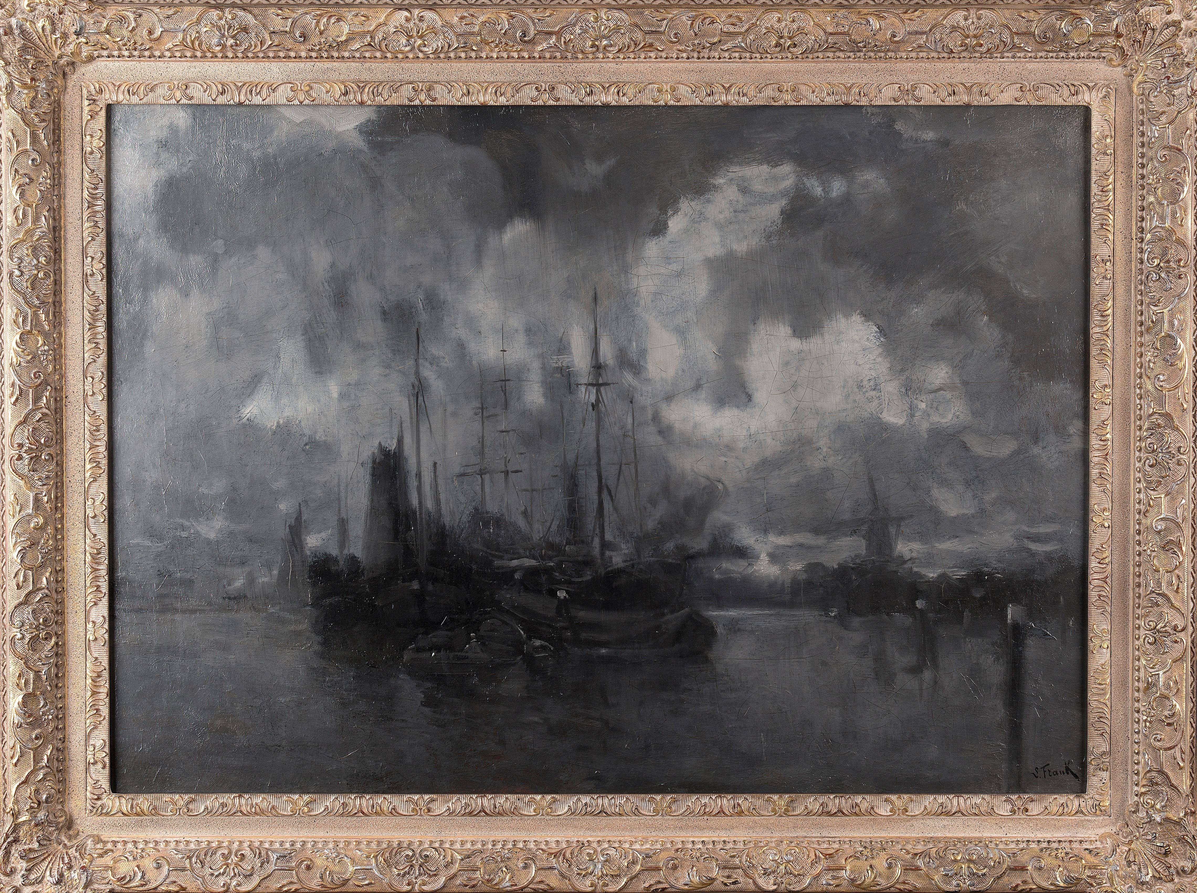 Der Hafen von Dordrecht bei Nacht – Painting von Lucien Frank