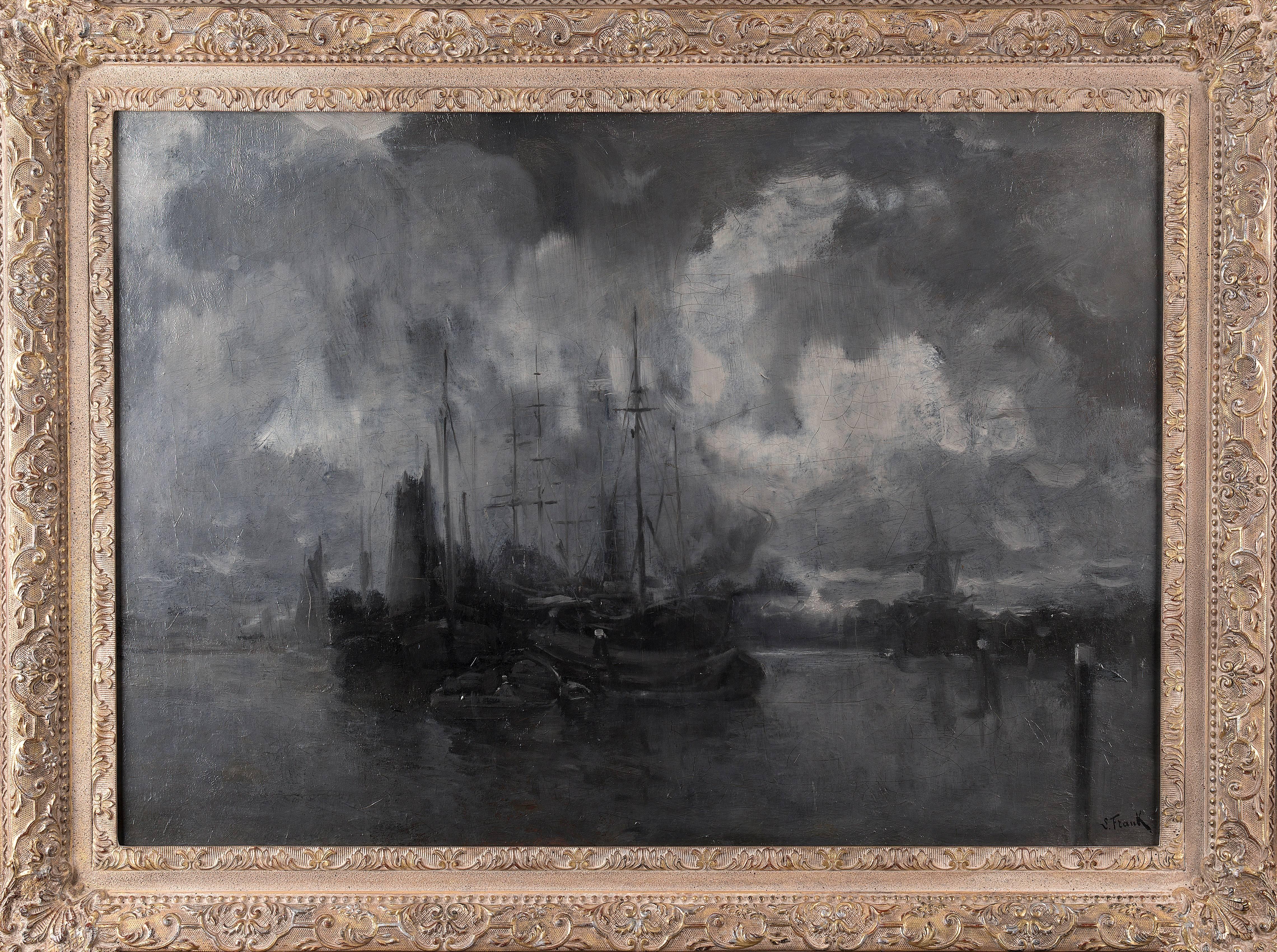 The Dordrecht harbour at night - Painting by Lucien Frank