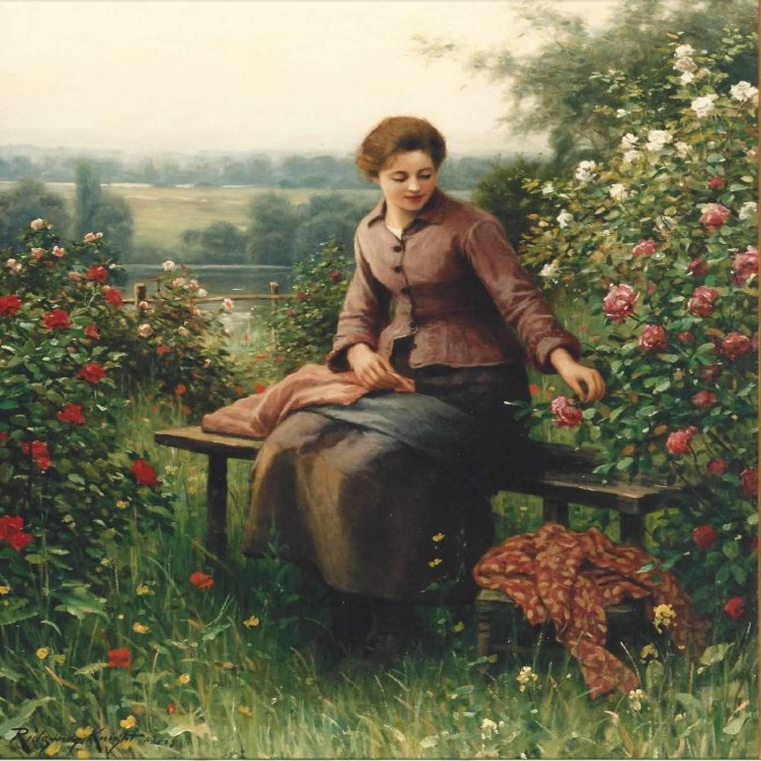 Daniel Ridgway Knight Landscape Painting - Seated Girl with Flowers