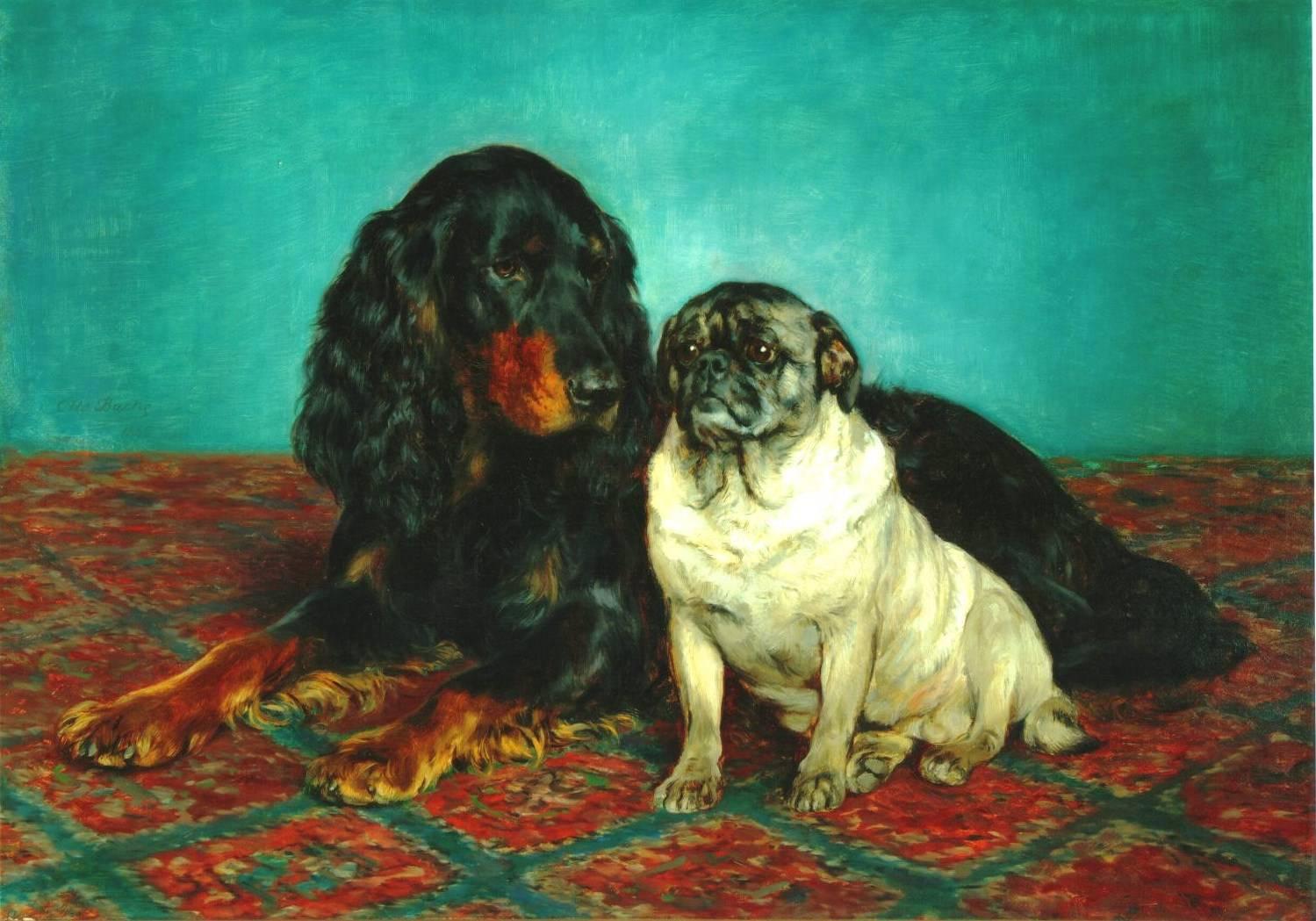 Otto Bache Animal Painting - A Gordan Setter and a Pug
