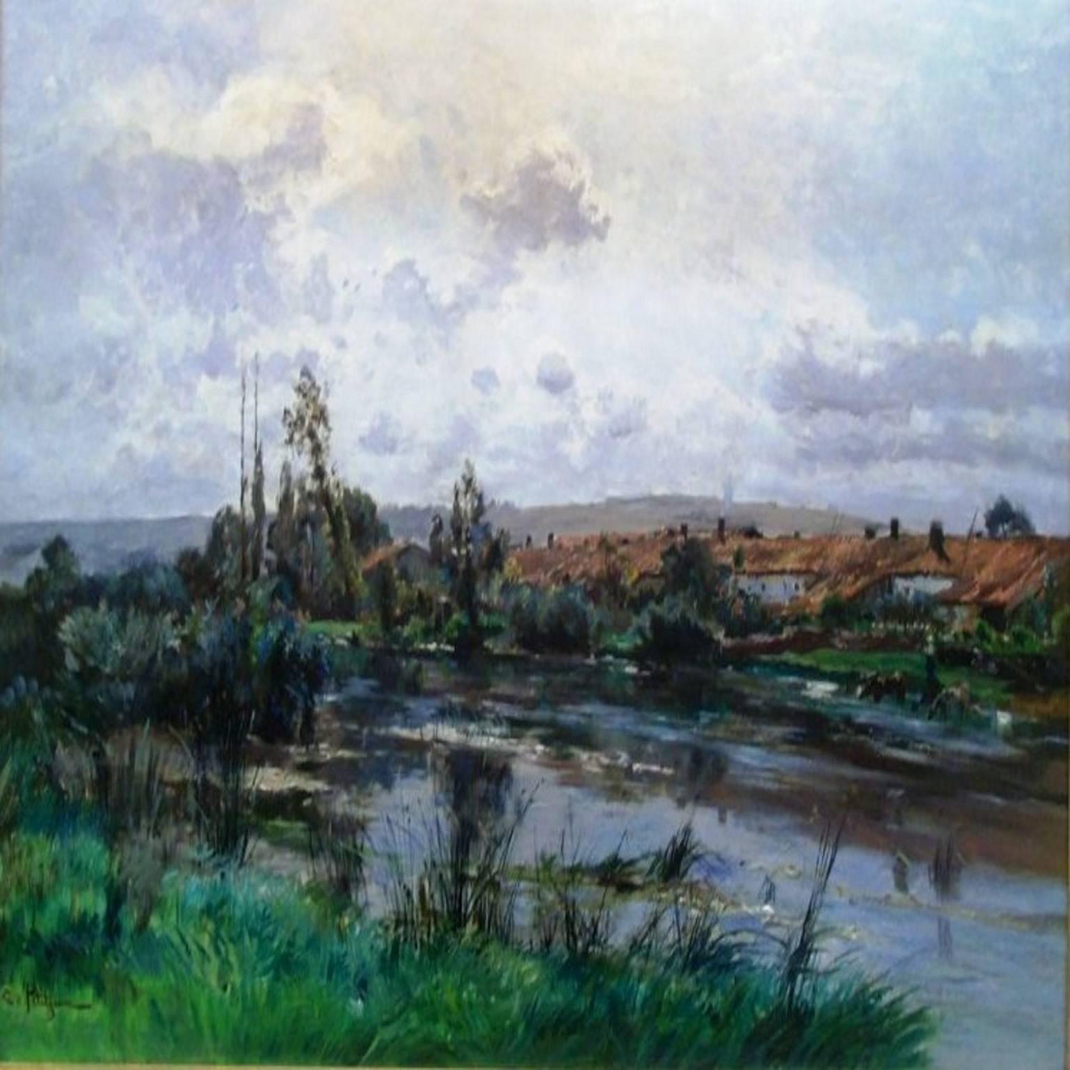 Edmond Marie Petitjean Landscape Painting - Le village au bord de la riviere