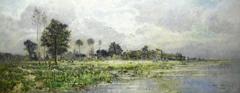 A landscape in spring with a village on the water