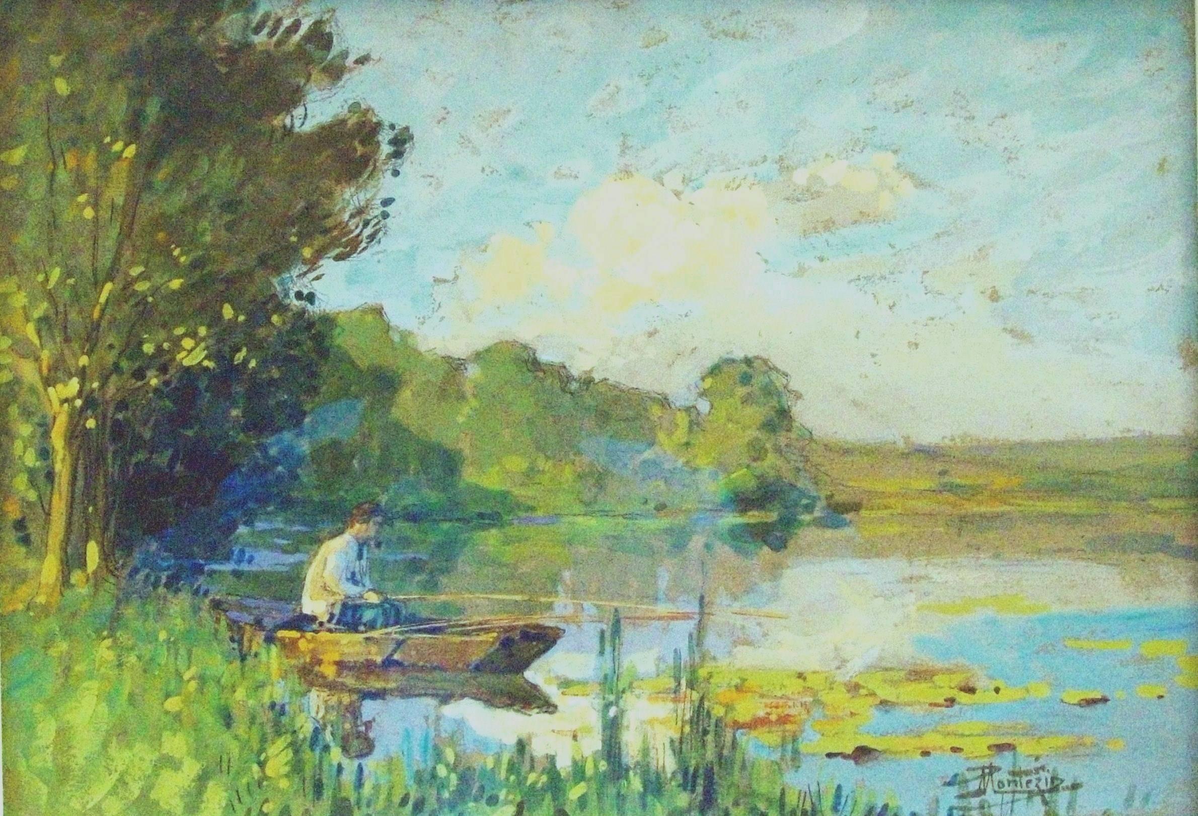 PIERRE EUGÈNE MONTEZIN Landscape Painting - Pecheur en Barque au Bord de la Riviere