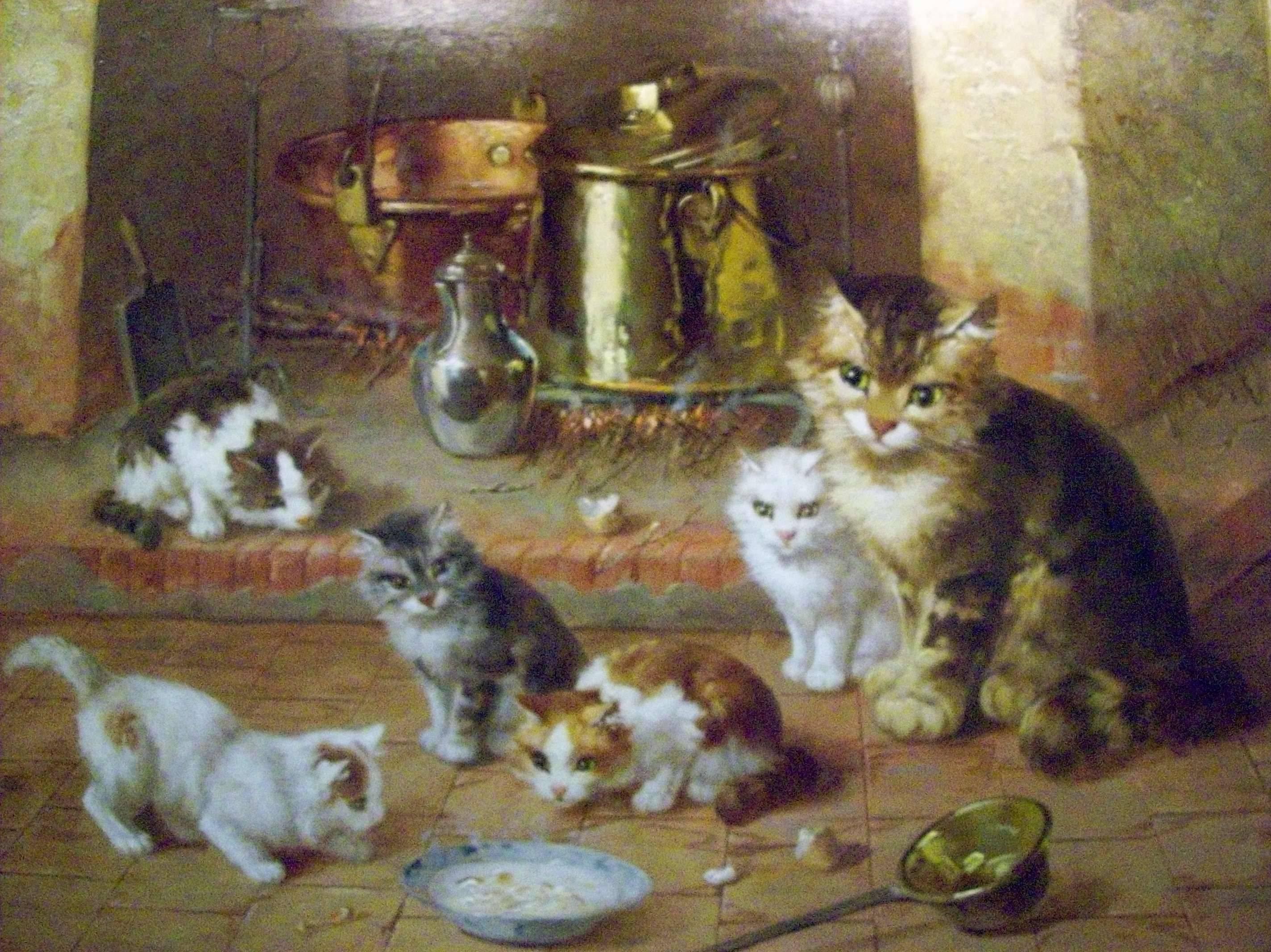 Victor Demongin Interior Painting - Cat Family at Evening Meal