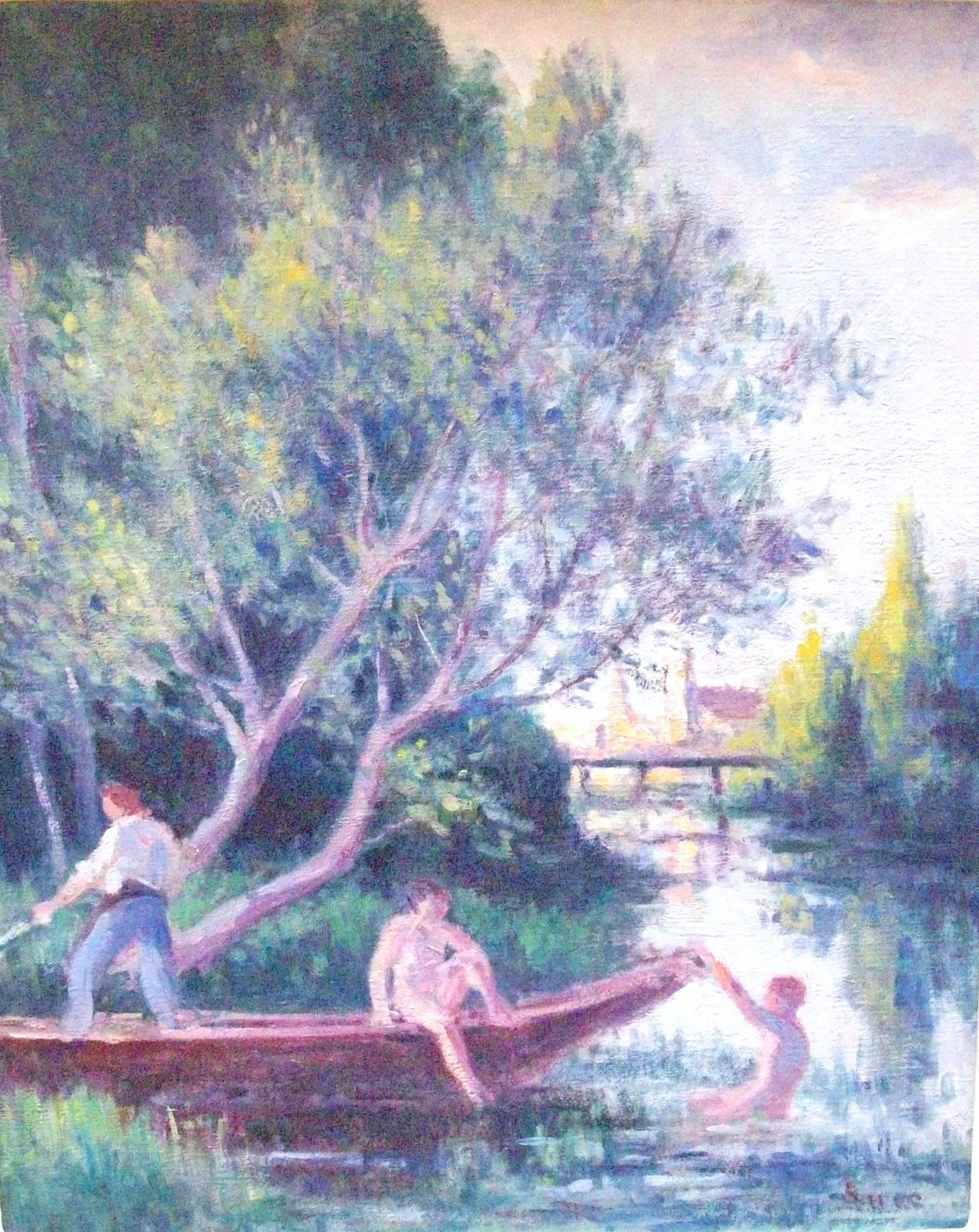 Maximilien Luce Landscape Painting - Baignade en Barque a' Rolleboise cira 1920