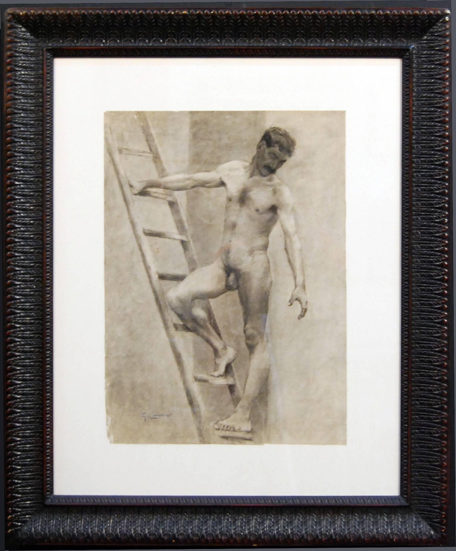 Gennaro Luciano Nude Painting - DRAWING OF A NACKED MAN ON LADDER