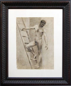 Antique DRAWING OF A NACKED MAN ON LADDER