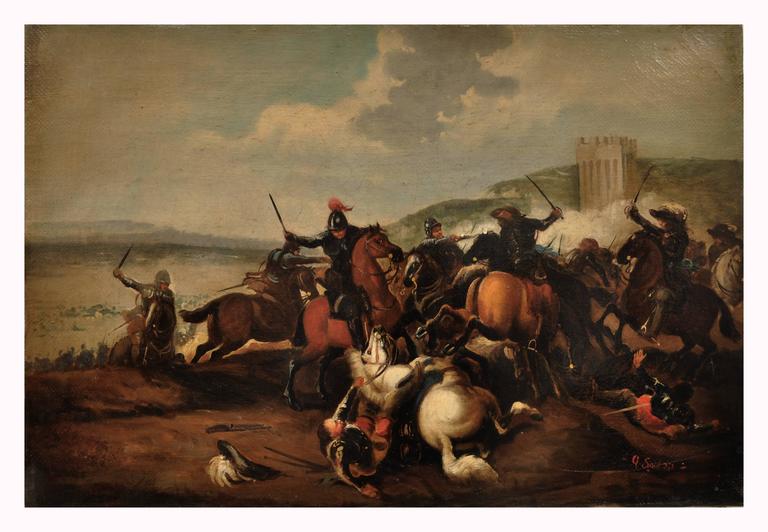 CAVALRY BATTLE - Italian figurative oil on canvas painting, Antonio Savisio - Painting by Antonio Savisio