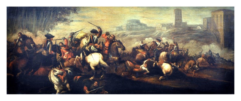 CAVALRY BATTLE - Italian figurative oil on canvas painting, Antonio Savisio - Painting by Antonio Savisio