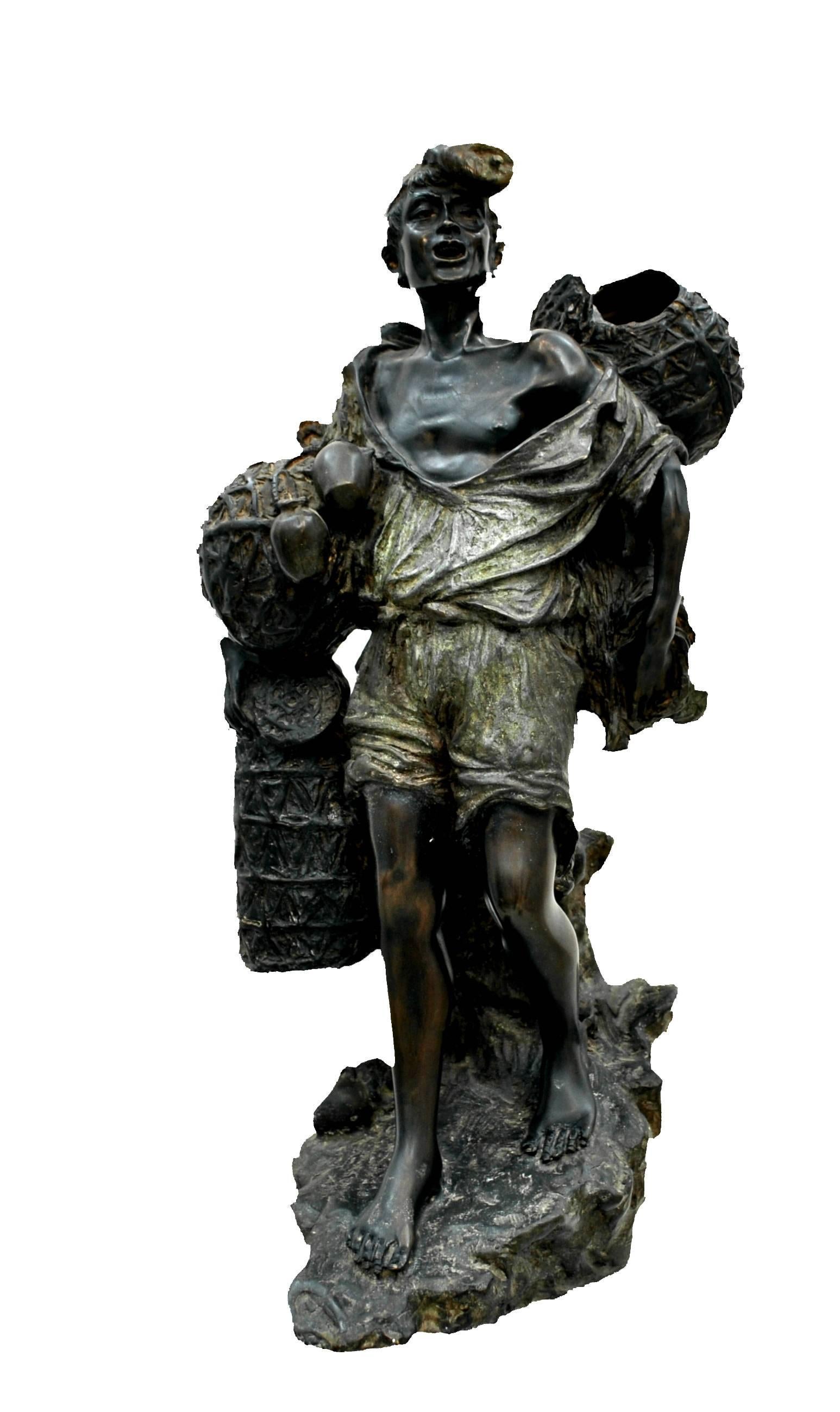Vincenzo Cinque Figurative Sculpture - PESCATORE CON NASSE - FISHERMAN WITH POT