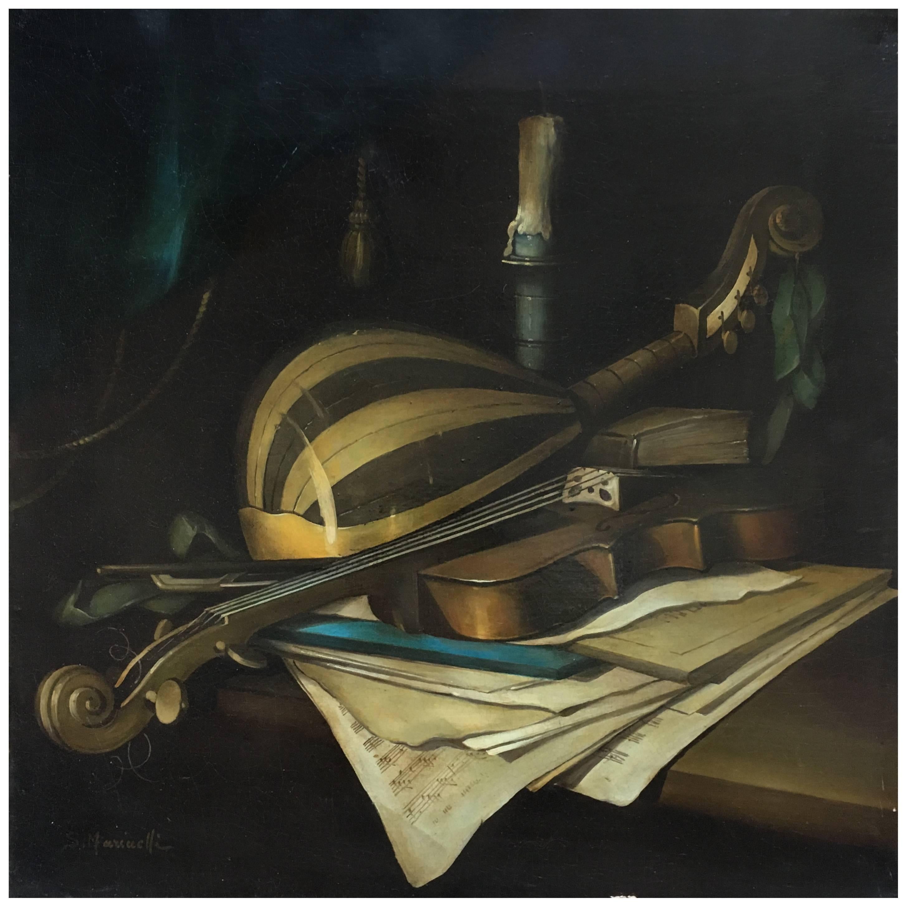 Salvatore Marinelli Still-Life Painting - STILL LIFE WITH MISICAL INSTRUMENTS