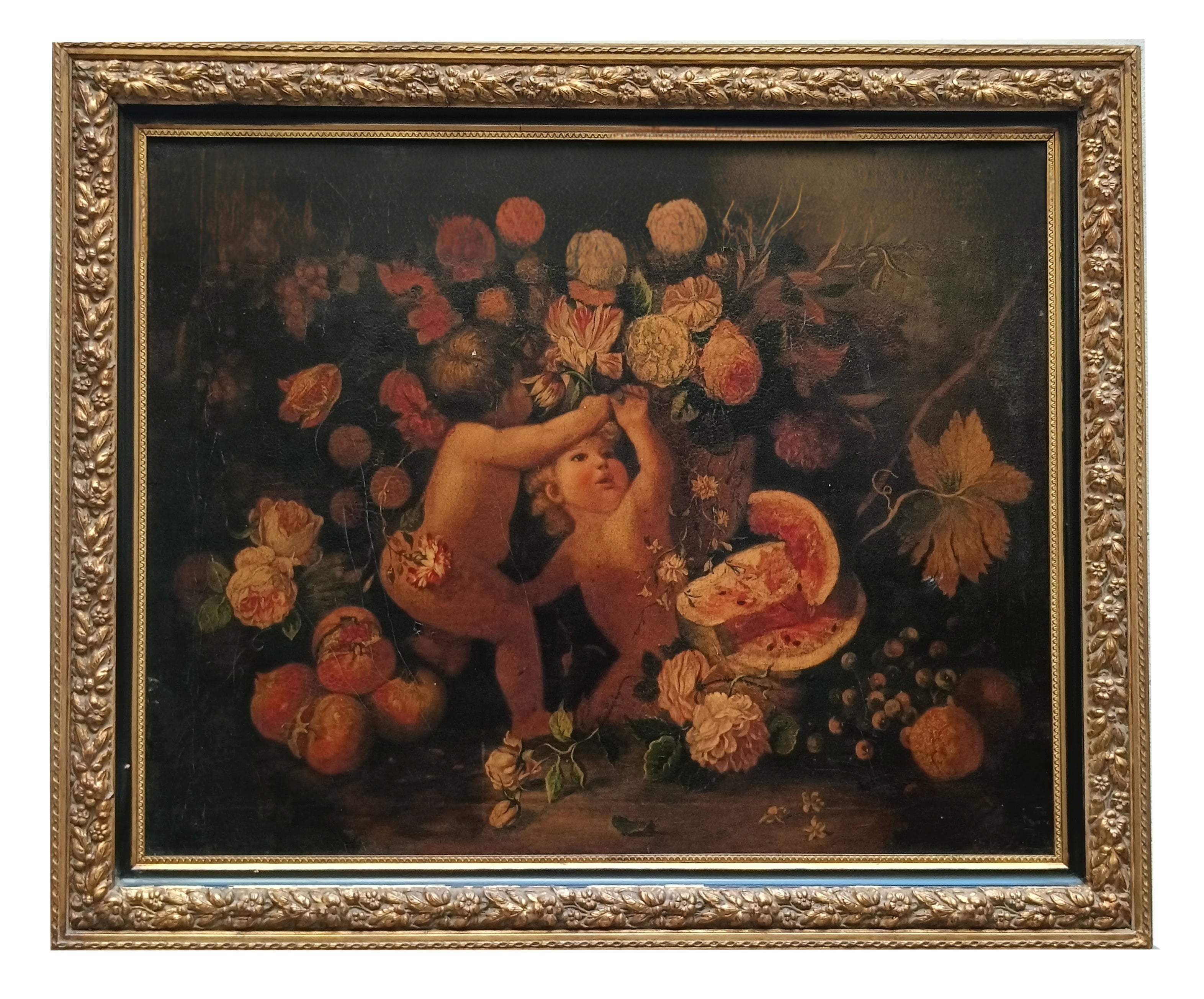 Giulio Di Sotto Figurative Painting - CHERUBIM WITH FLOWERS- Italian School - Italian Figurative Oil  painting